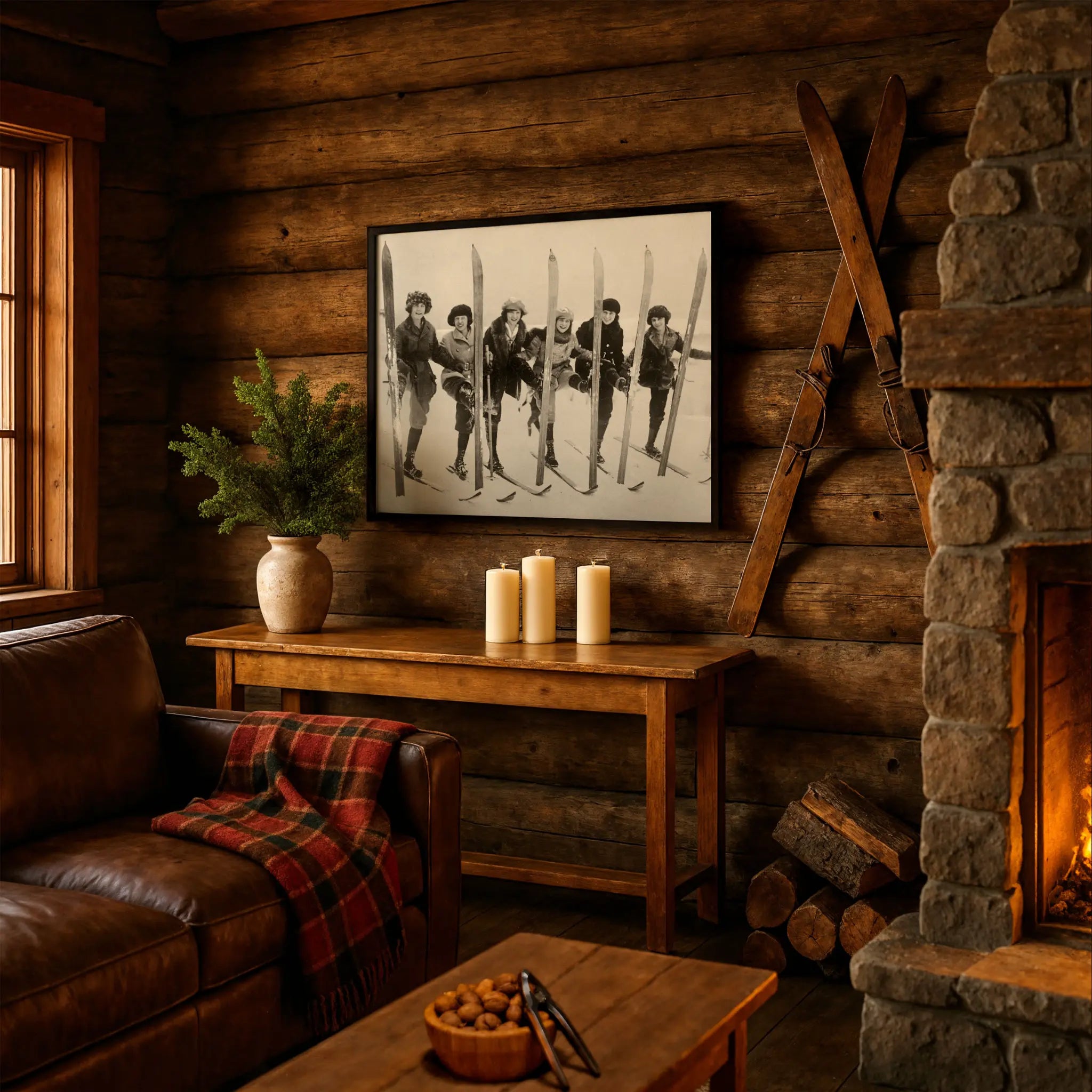 Vintage Women Skiers Photo in Rustic Alpine Cabin
