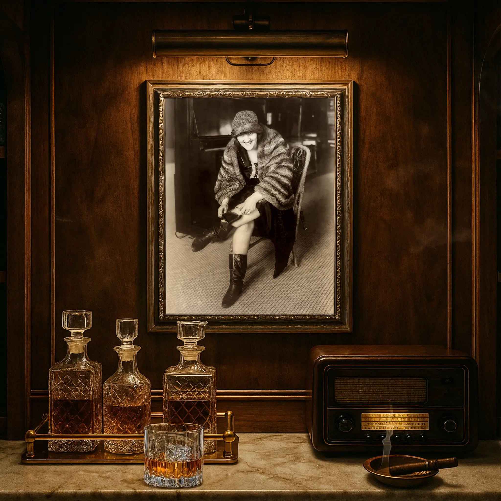 Flapper print in luxury study with crystal decanters and vintage radio atmosphere