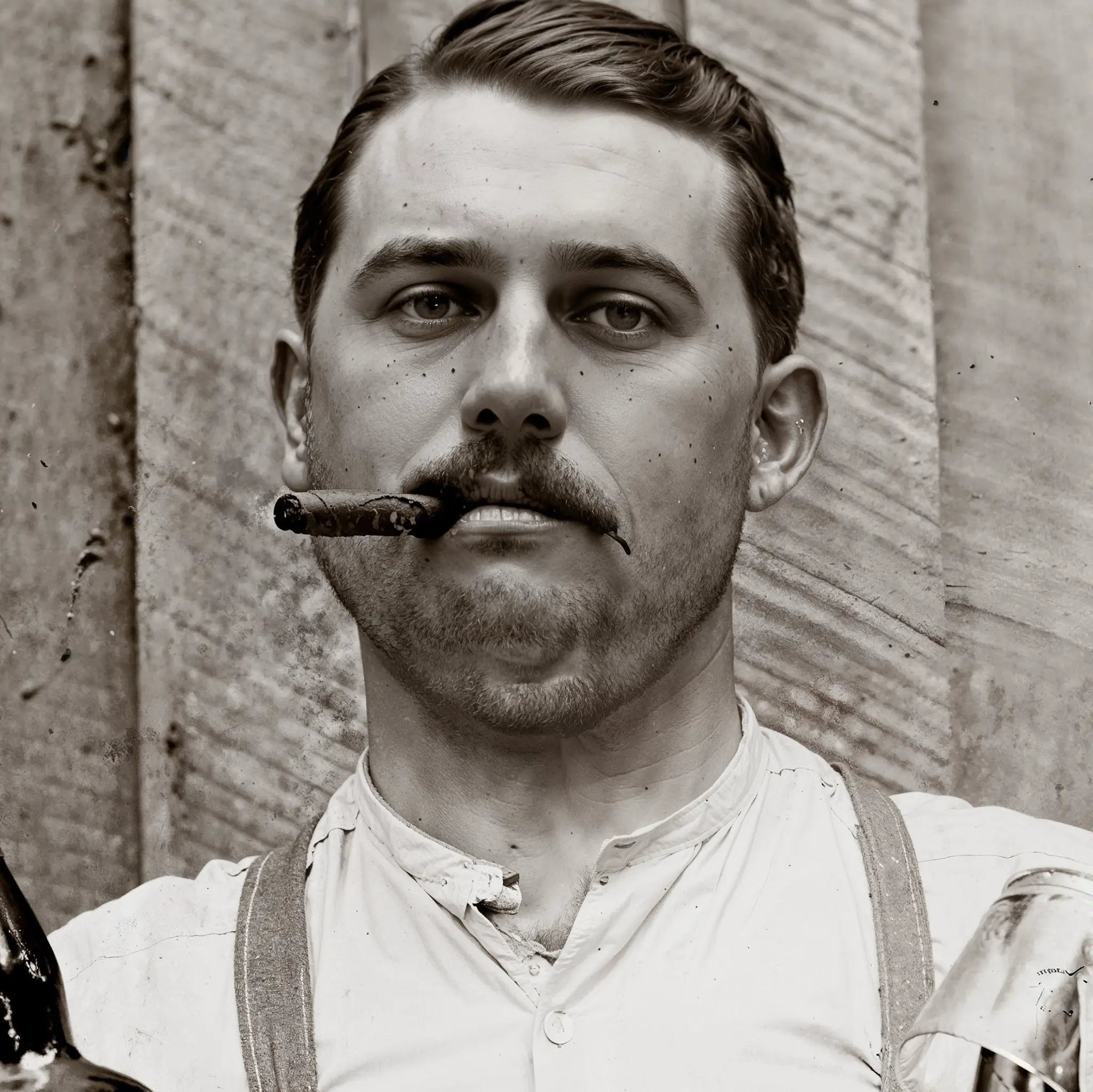 Close-up detail of prohibition bartender showing mustache cigar and confident expression of bootlegger pride