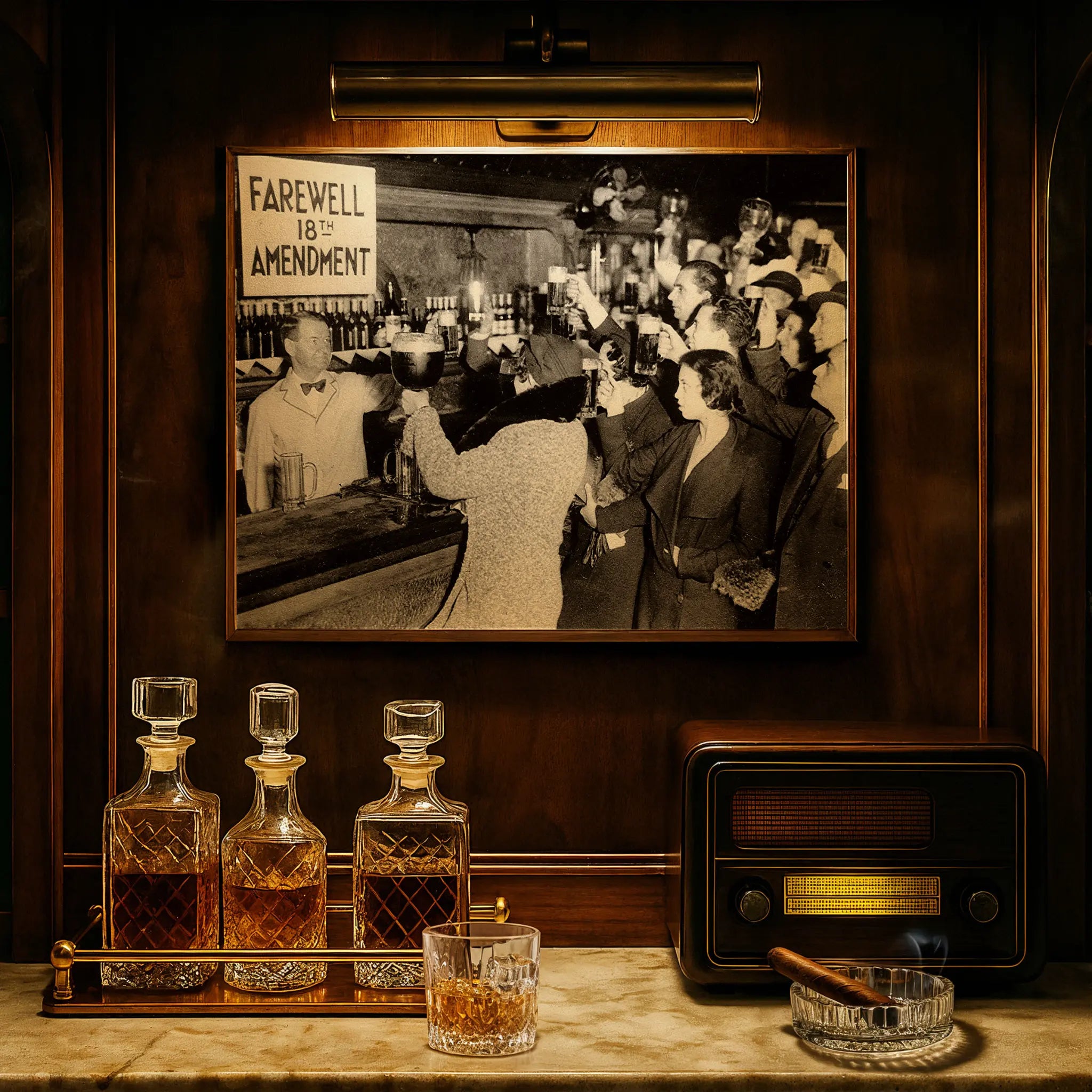 Farewell 18th Amendment photograph displayed in luxury study with crystal decanters and vintage radio atmosphere