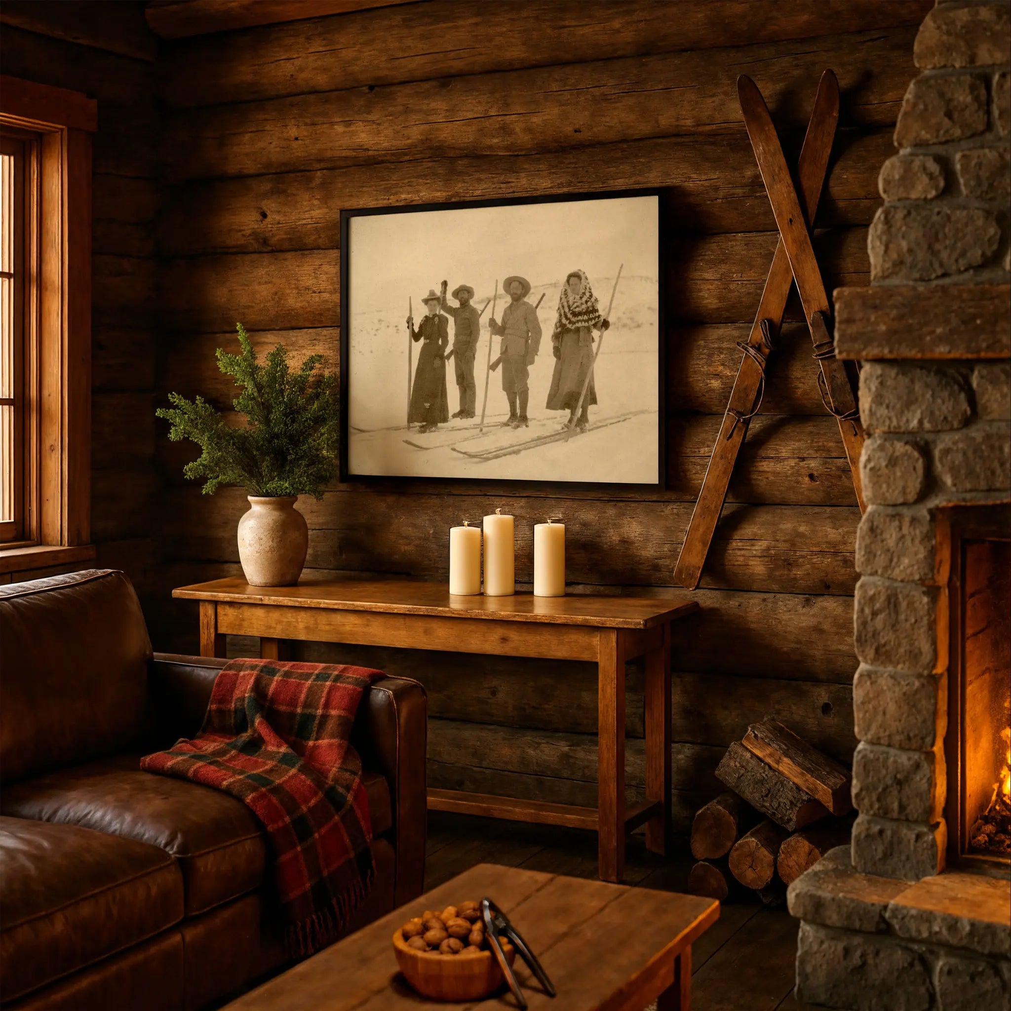 Vintage Ski Club Group Photo in Rustic Cabin Setting