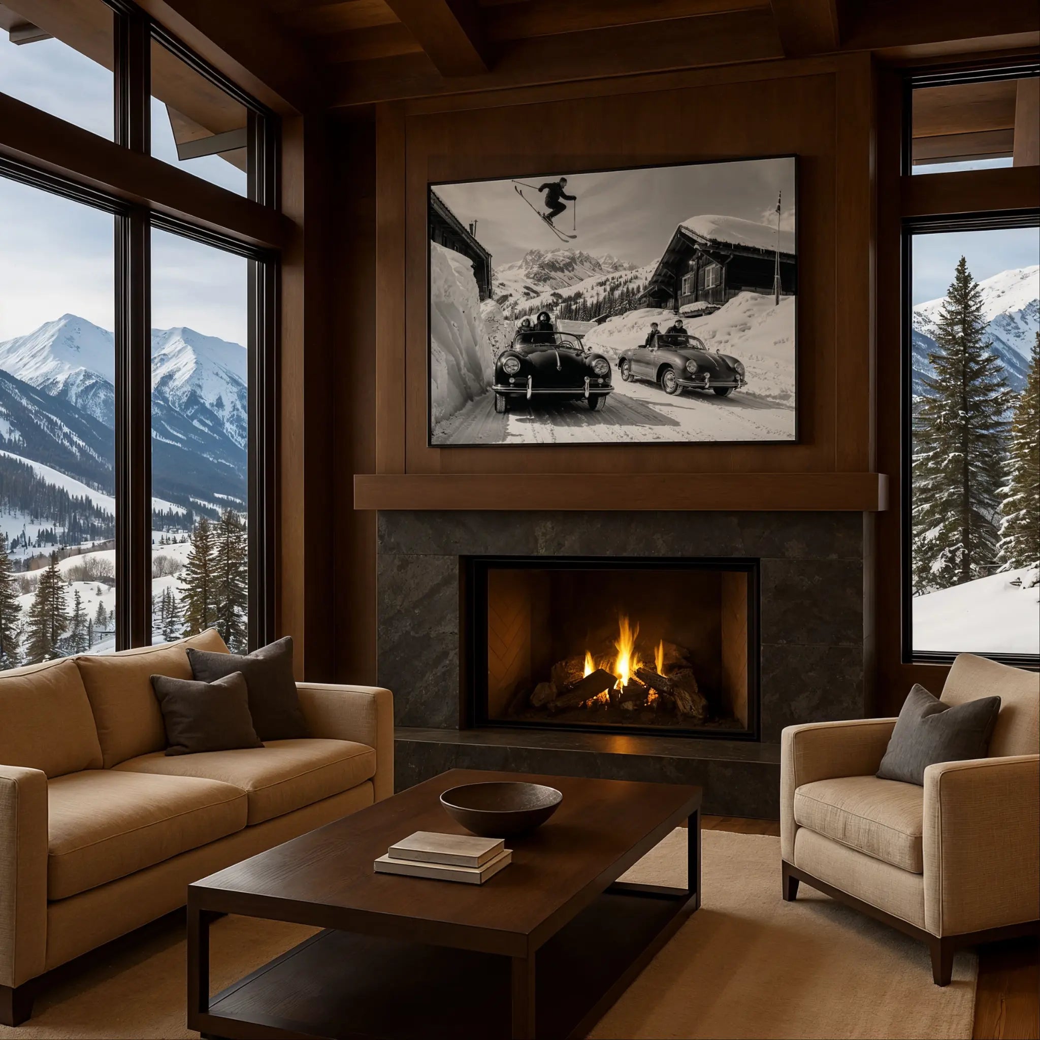 Vintage Ski Jump Over Porsche Photo in Cozy Fireplace Setting