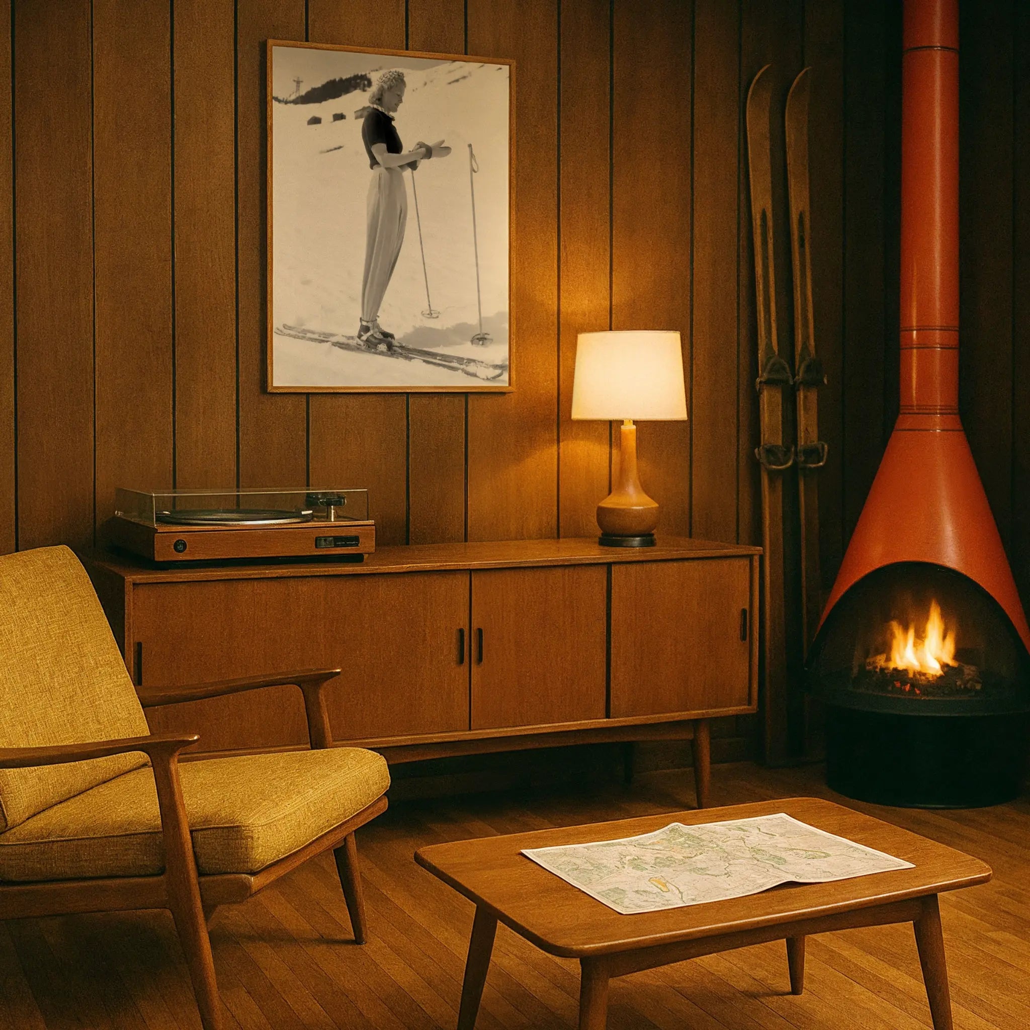 Vintage Elegant Woman Skier Photo in Retro Mid-Century Den
