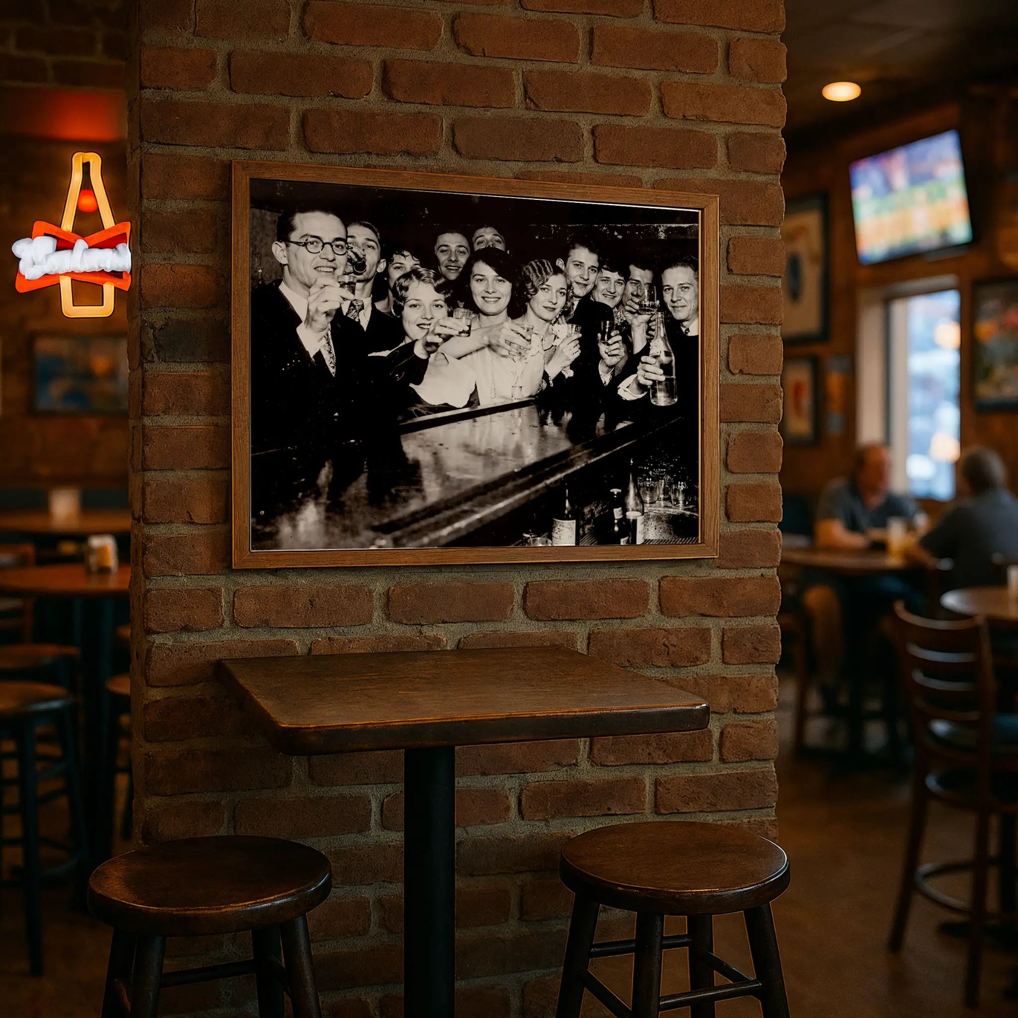 Historical prohibition end photograph in modern pub setting with brick walls and high-top tables