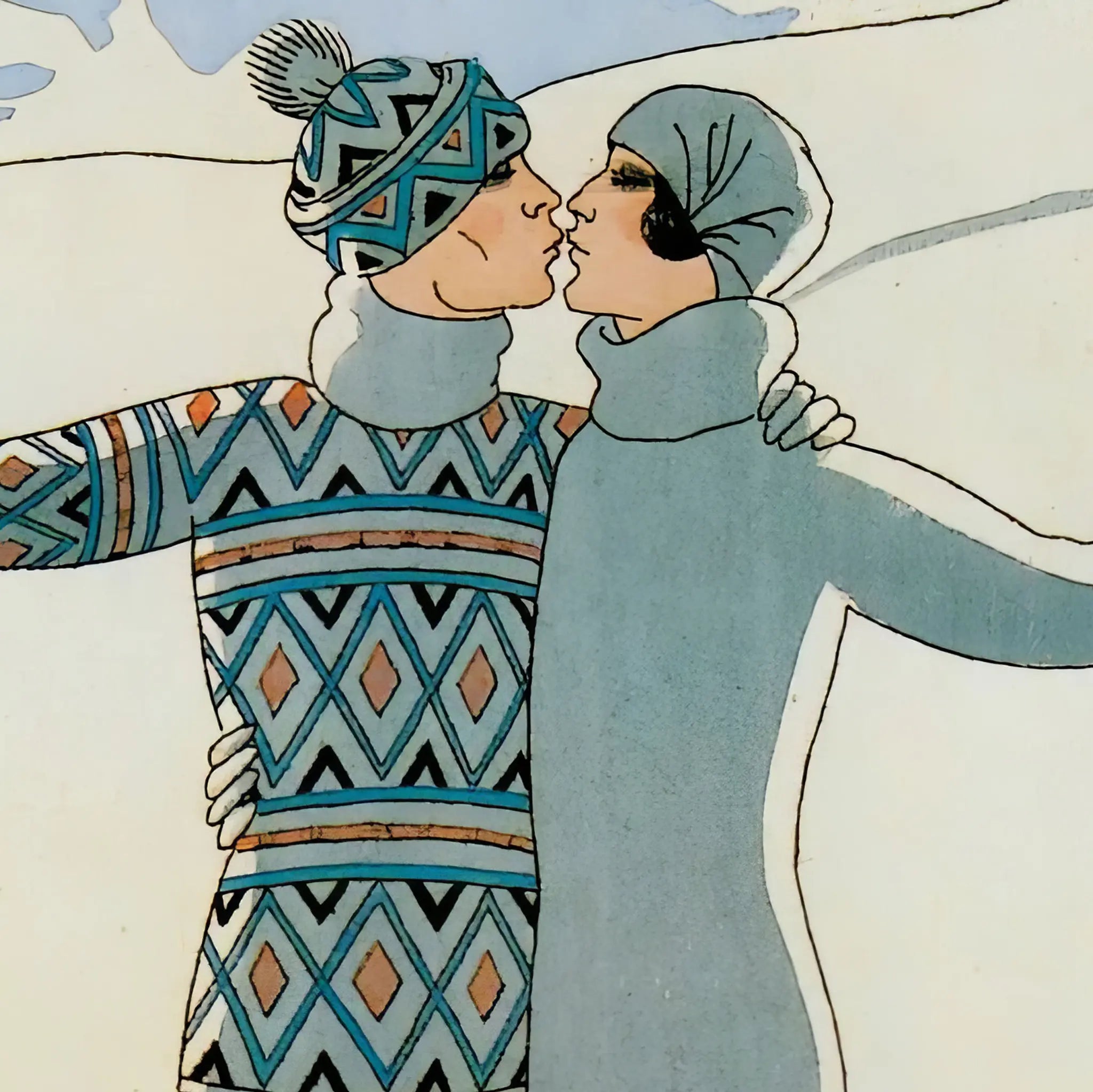 Art Deco Skiing Romance Detail Close-Up