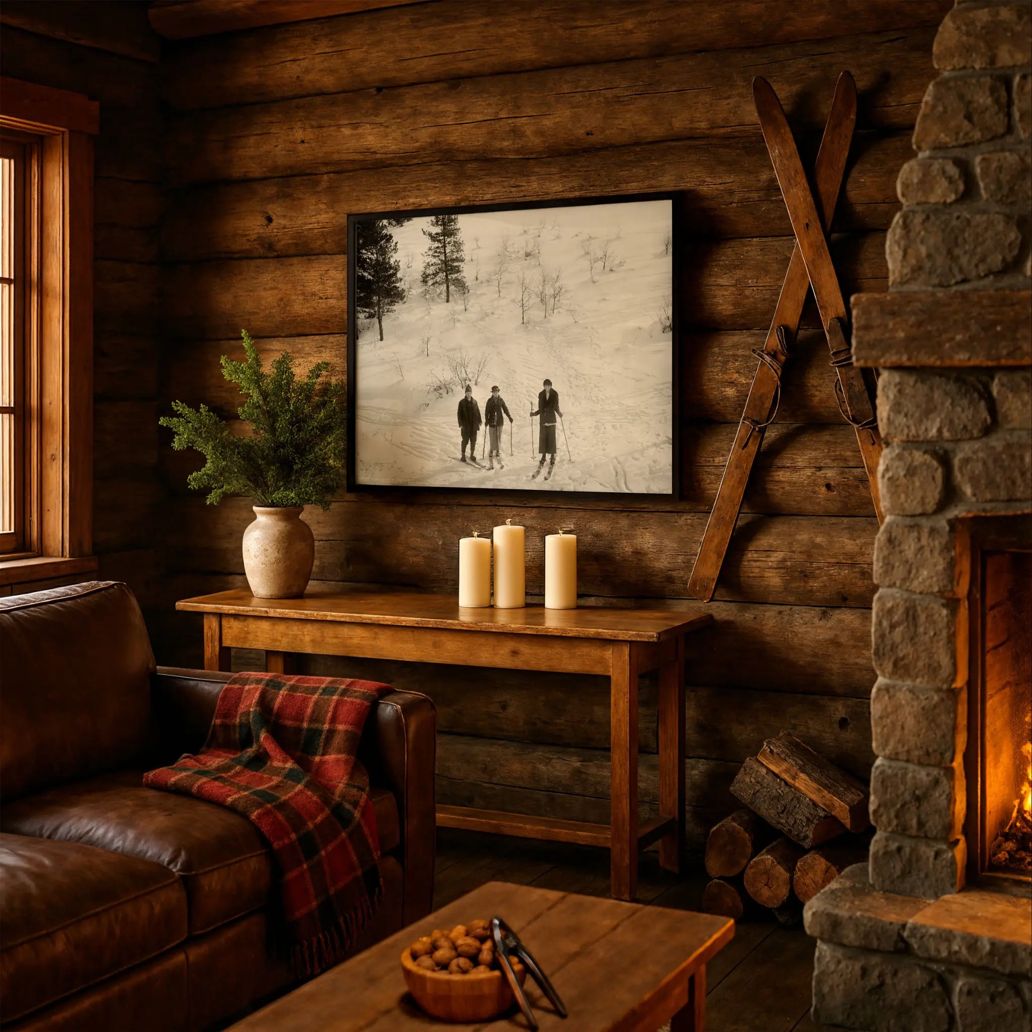 Vintage Three Skiers Photo in Cabin Couch Setting