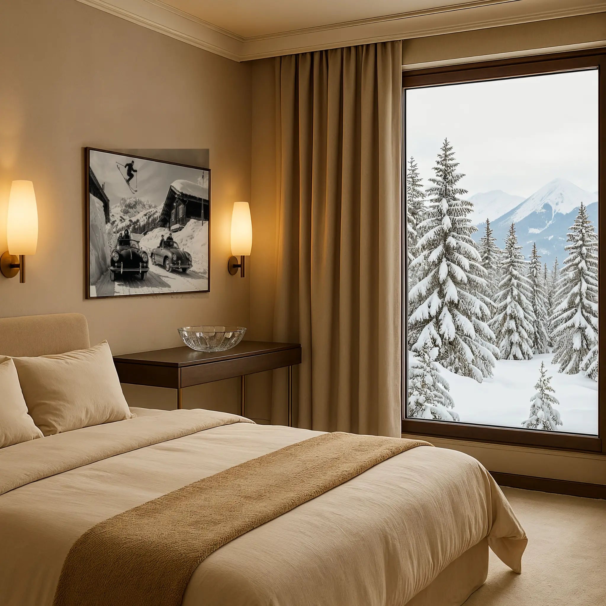 Vintage Ski Jump Over Porsche Photo in Winter Bedroom