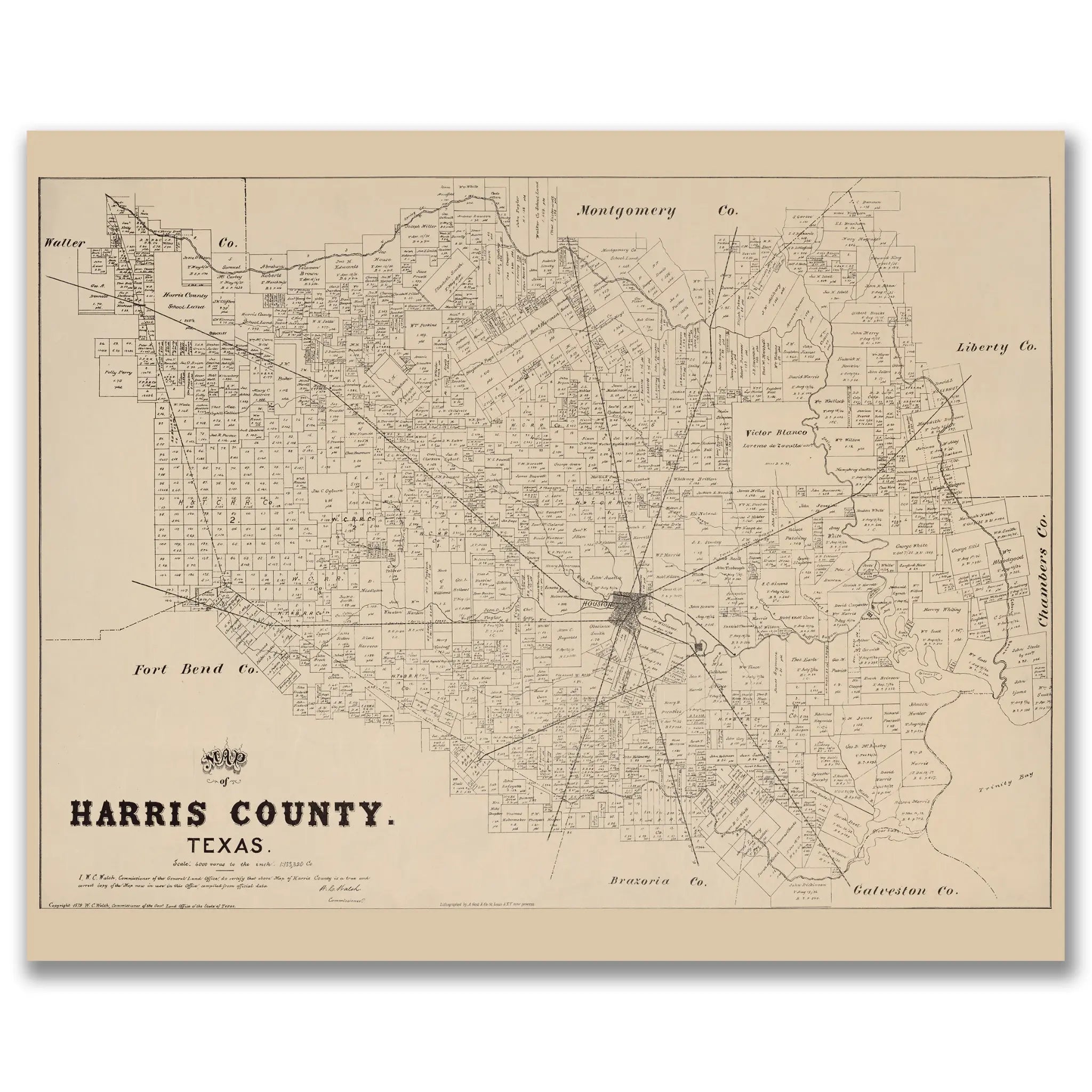 Harris County Map - Vintage 1879 Texas General Land Office Map
