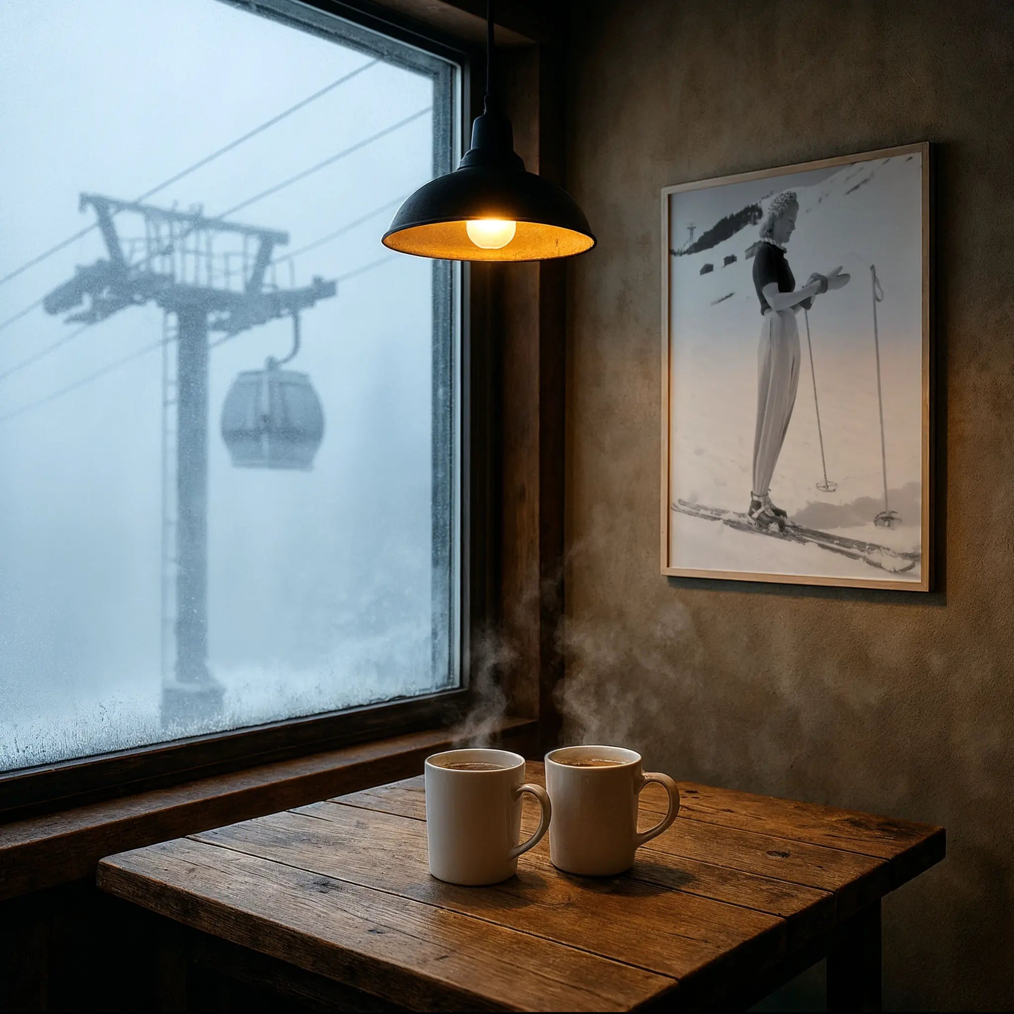 Vintage Elegant Woman Skier Photo in Foggy Mountain Cafe