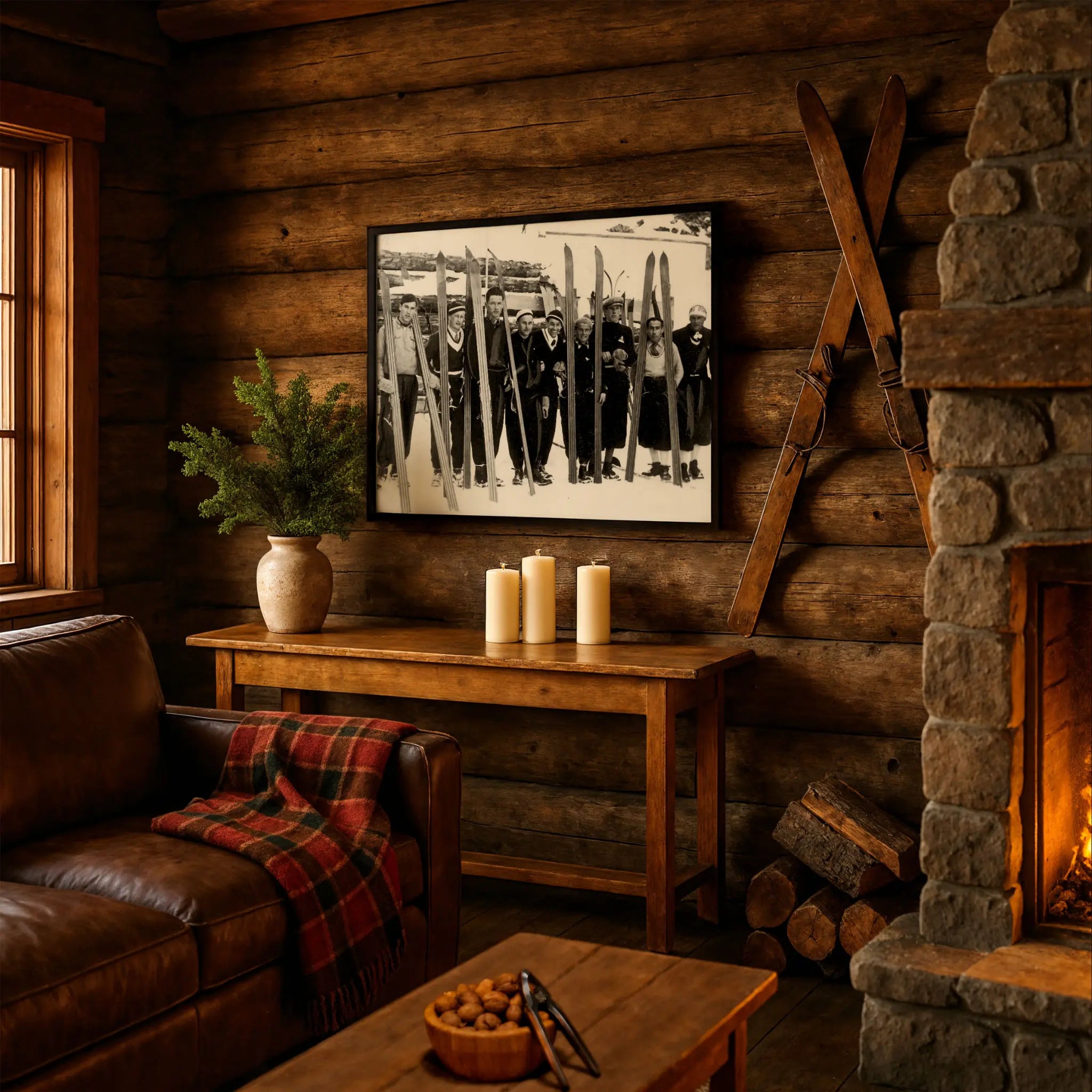 Vintage Ski Club Group Photo in Cabin Couch Setting