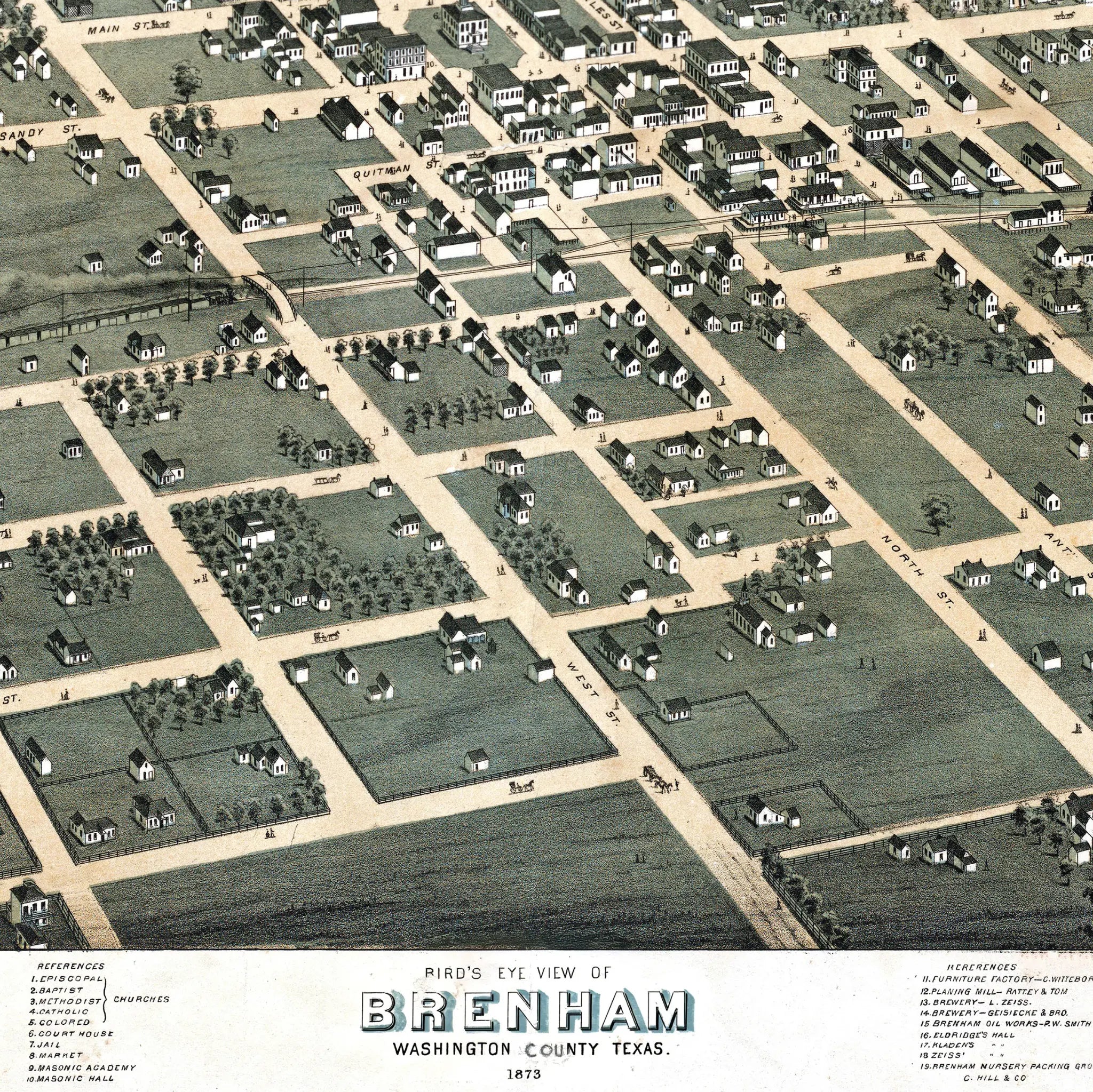 Brenham Bird's-Eye Map - Vintage 1873 Texas Historical City Map