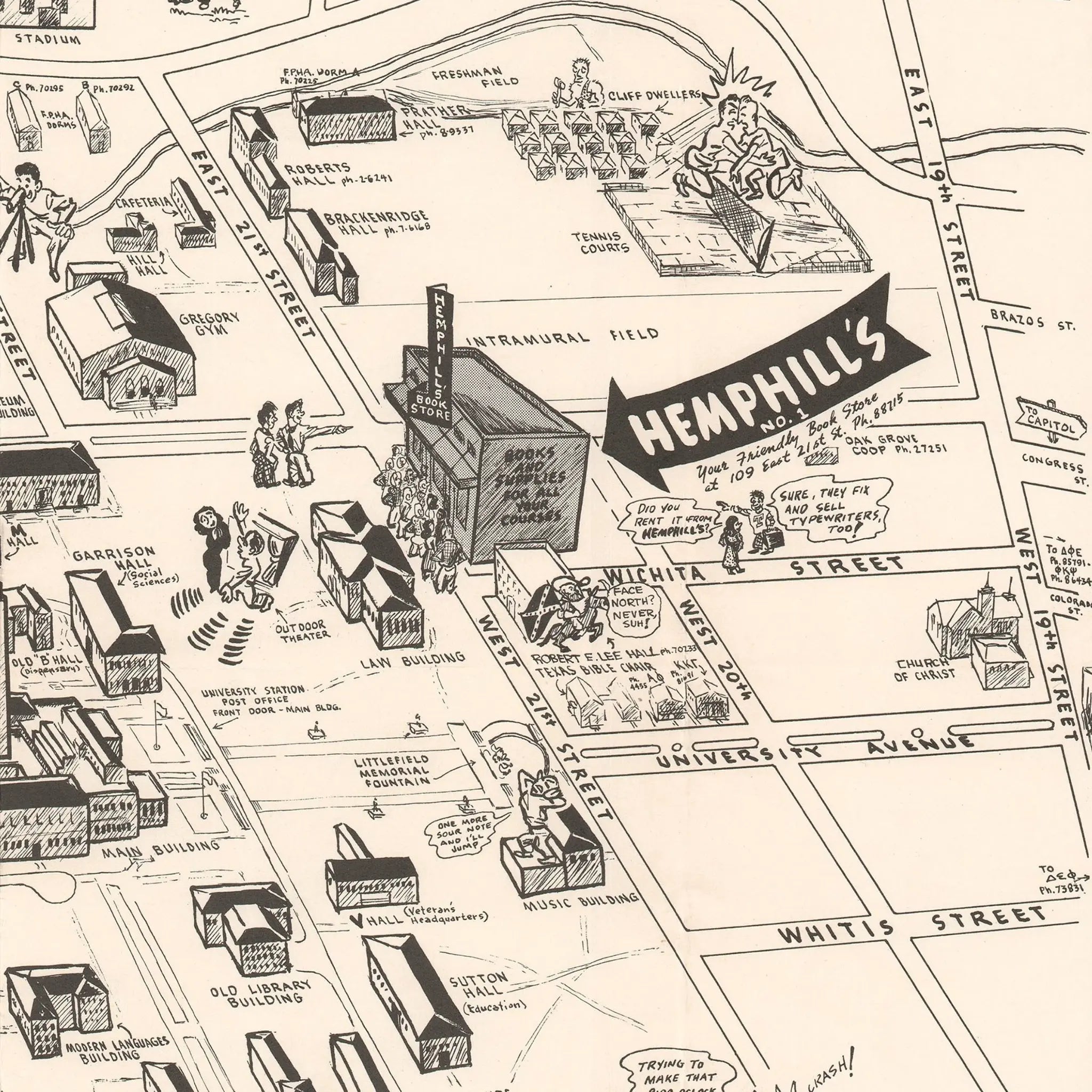 University of Texas Campus Map - Vintage 1945 Austin Student Life Illustrated Map