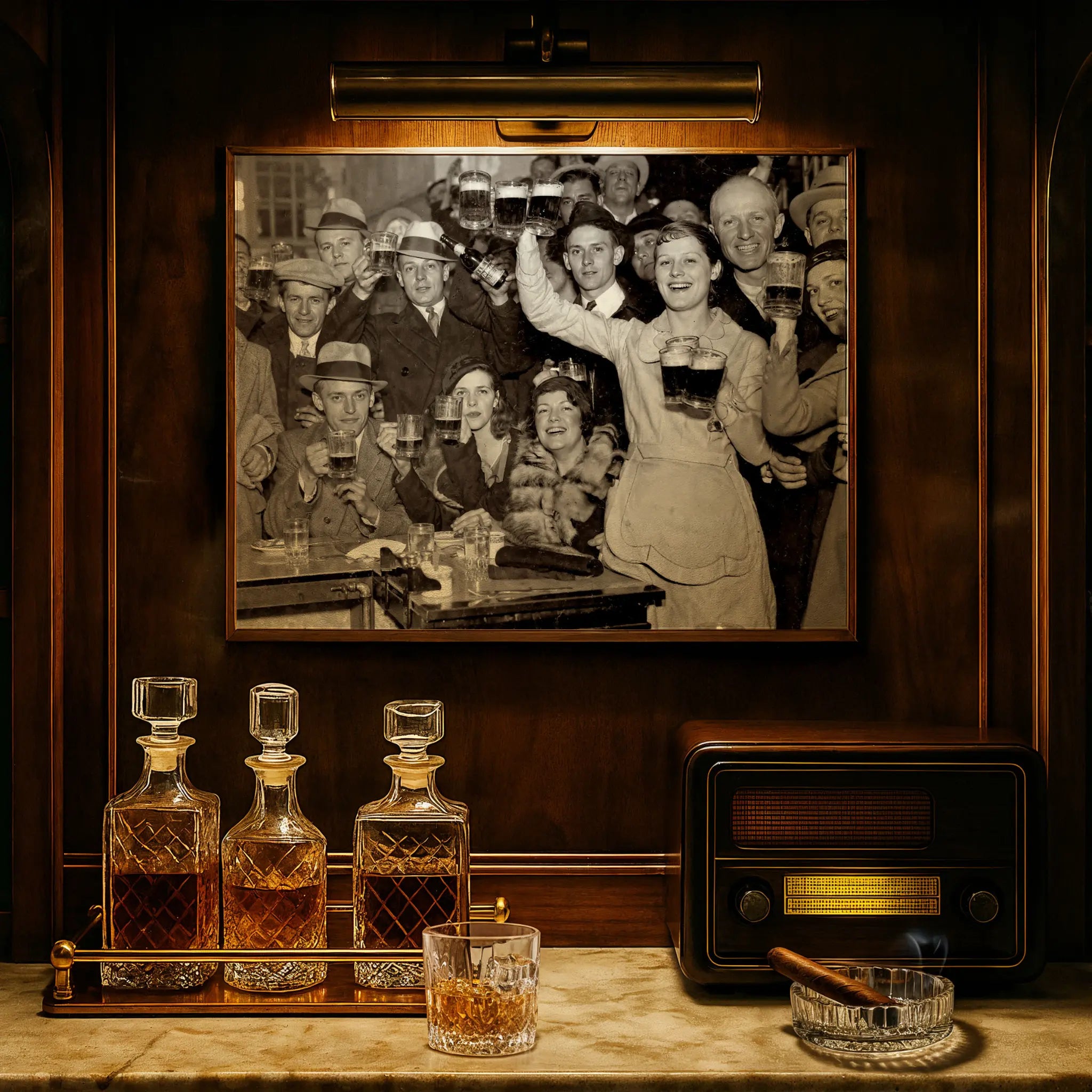 Beer hall celebration photograph displayed in luxury study with crystal decanters and vintage radio atmosphere