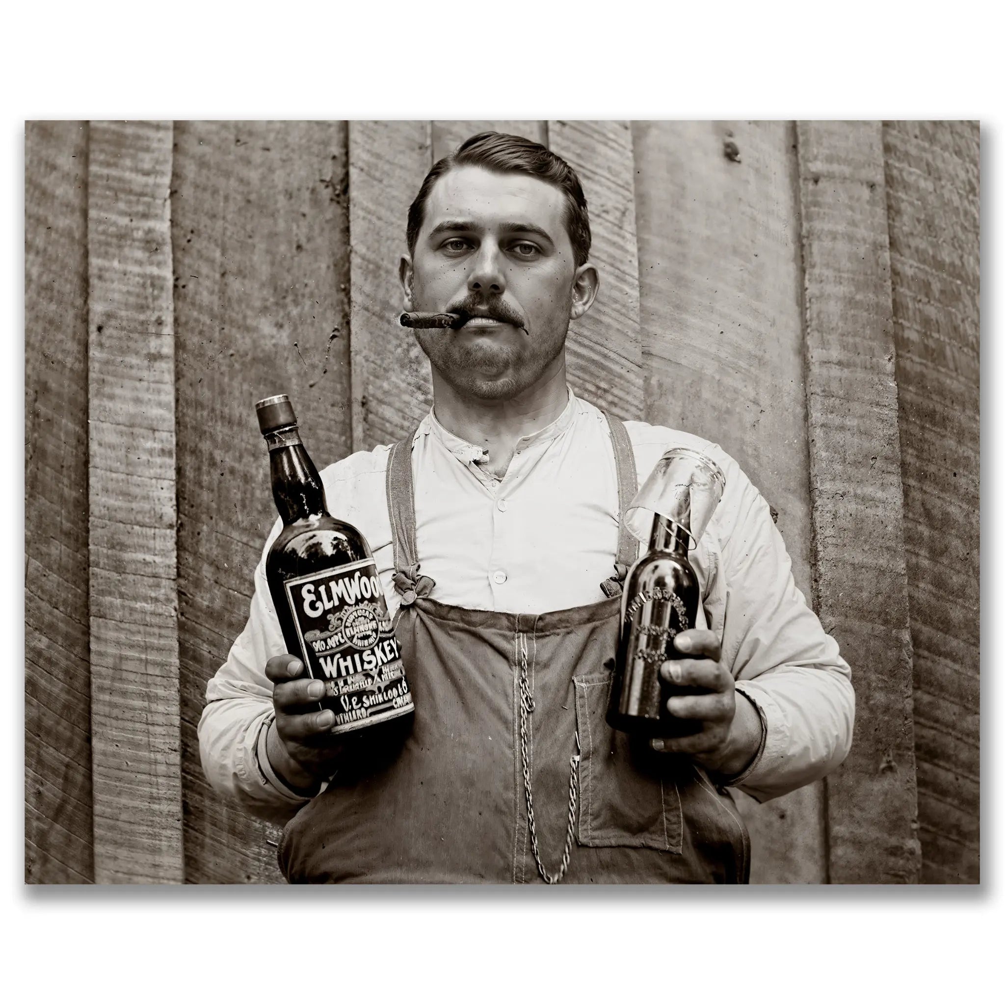 Prohibition era photograph showing confident bartender with whiskey bottles and cigar representing bootlegger culture