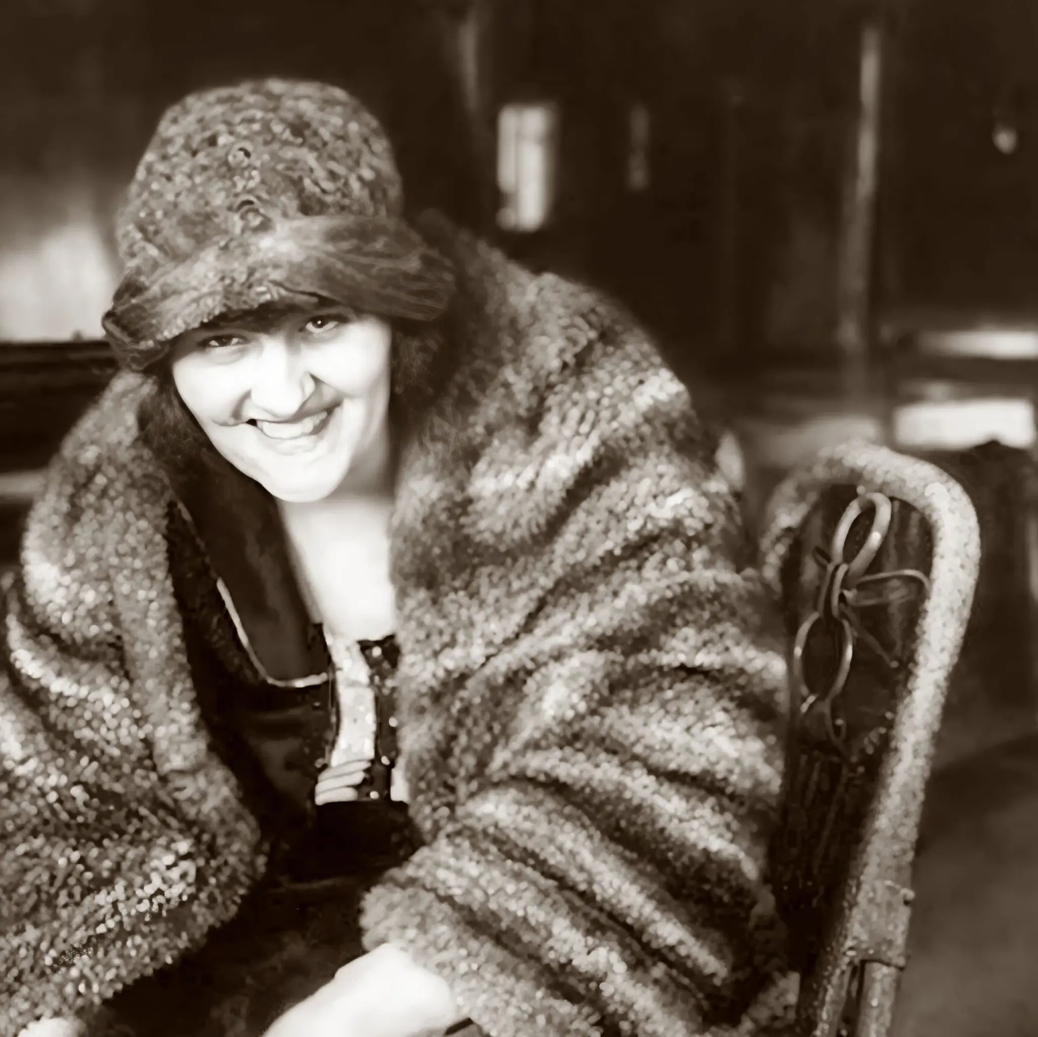Close-up detail of prohibition flapper showing elegant fashion details and confident rebellious expression