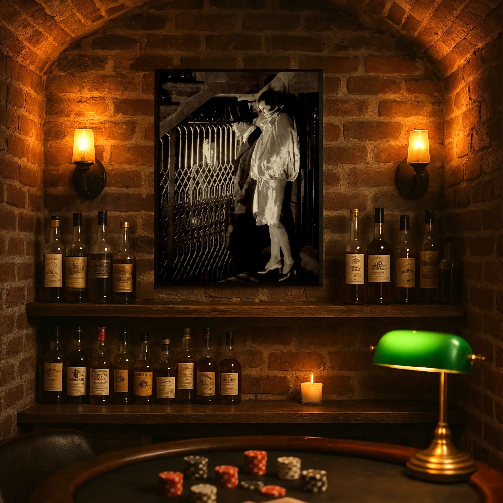 Prohibition underground rendezvous photograph displayed in speakeasy bar setting with vintage bottles and gambling atmosphere