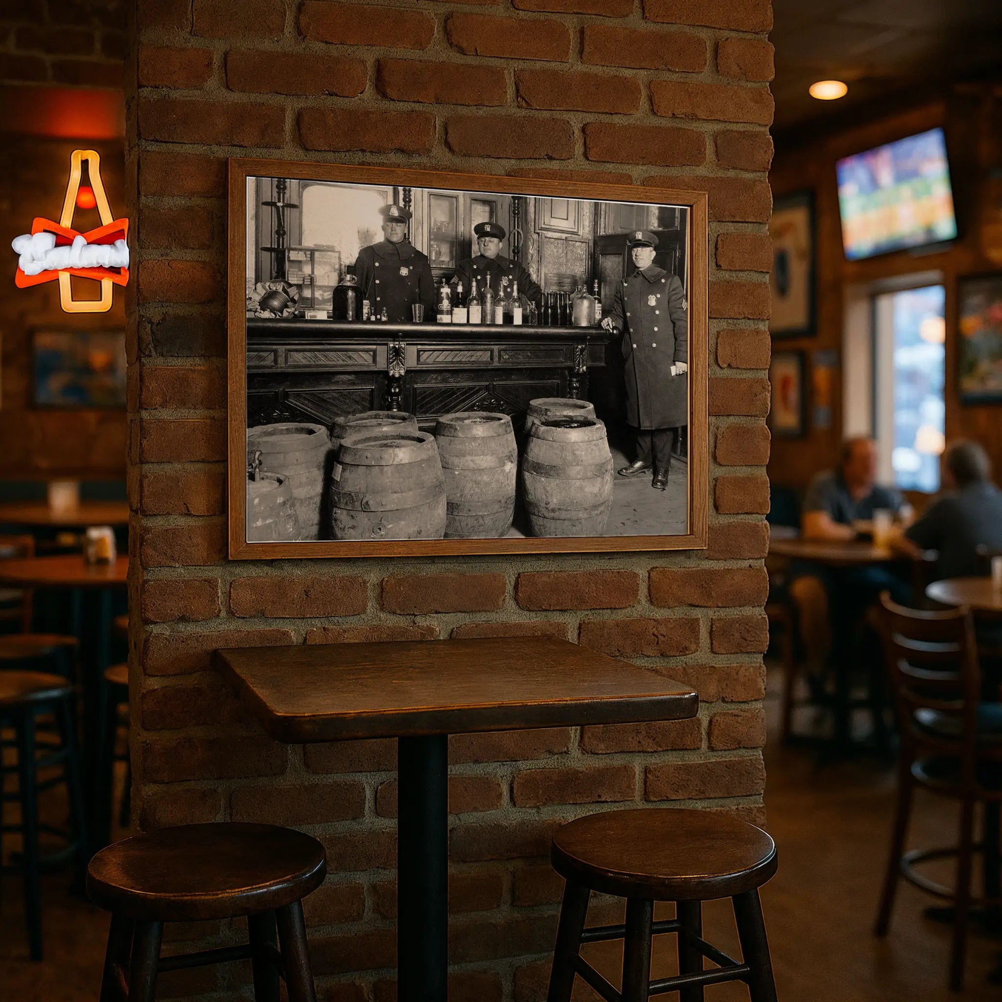Federal enforcement success print in modern pub with high-top tables and brick wall atmosphere