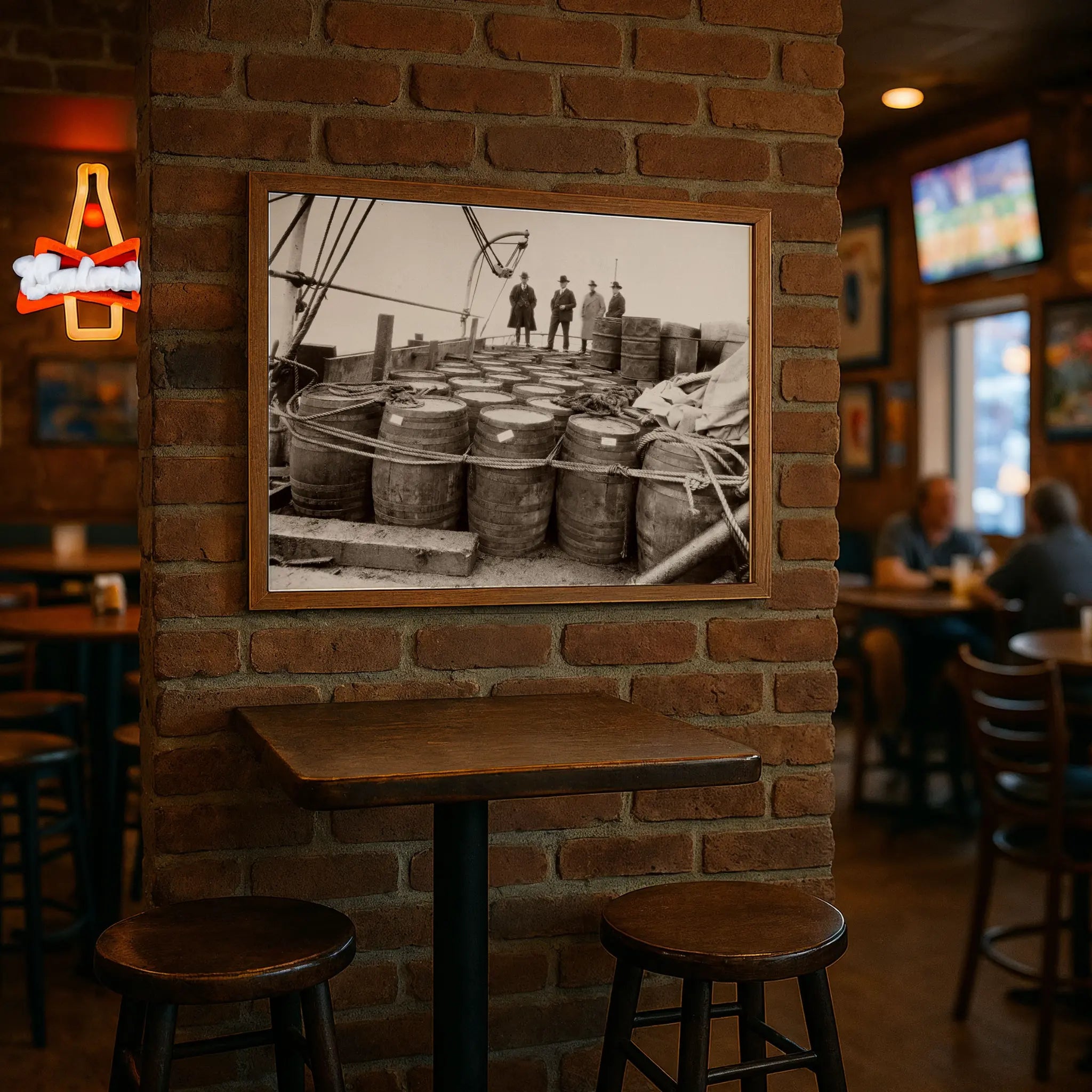 Historical enforcement photograph in modern pub setting with brick walls and bar stools