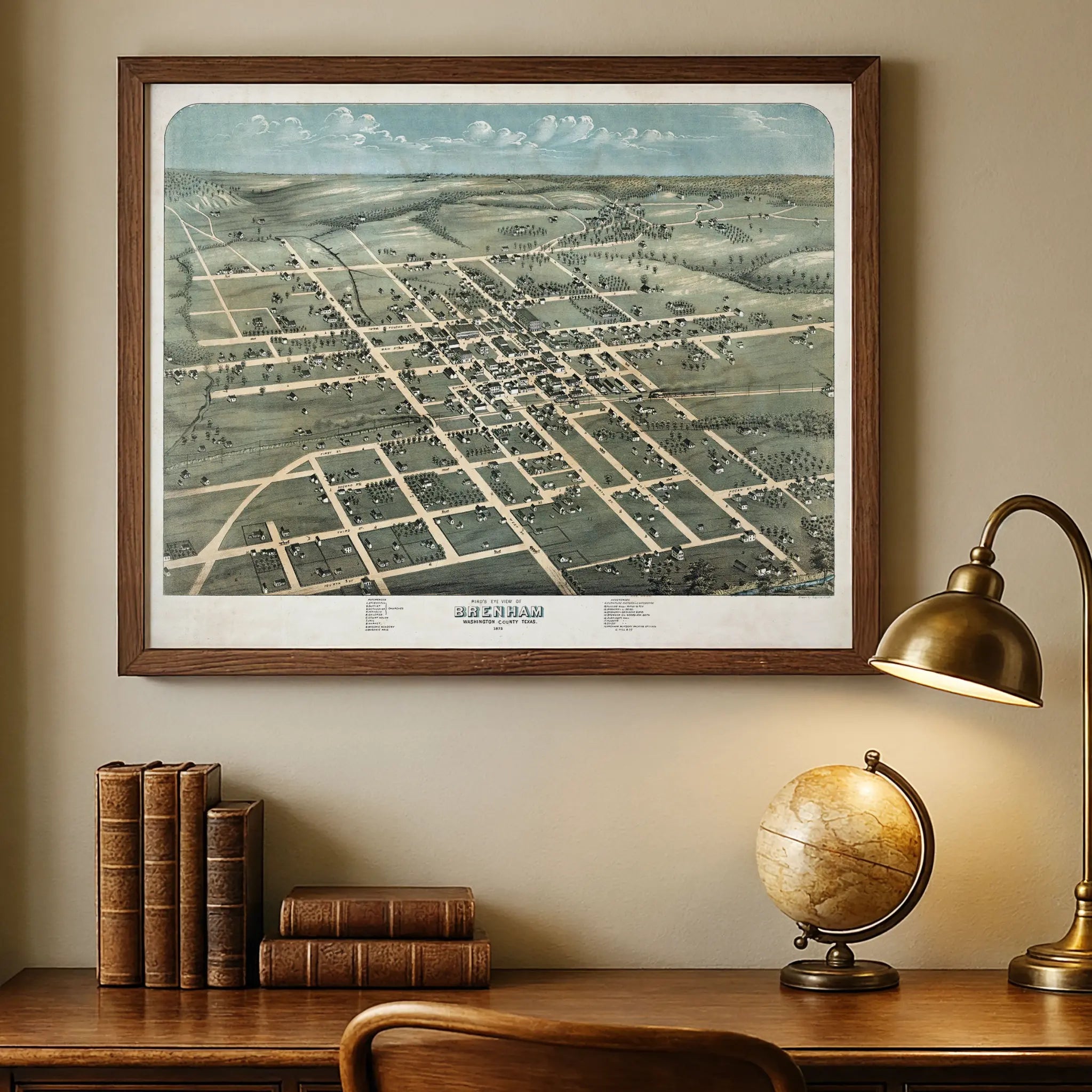 Brenham Bird's-Eye Map - Vintage 1873 Texas Historical City Map