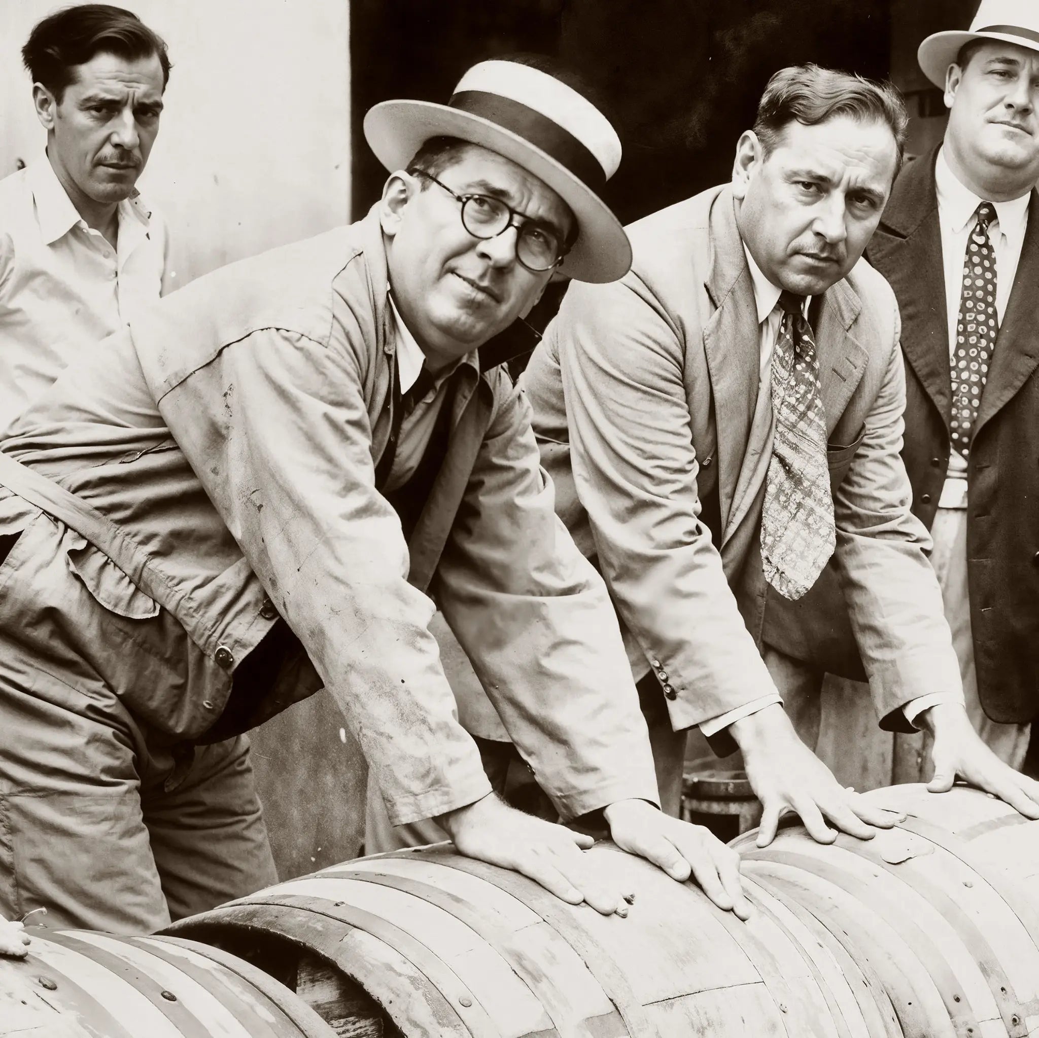 Close-up detail of prohibition barrel destruction showing officials in period attire coordinating systematic alcohol elimination procedures