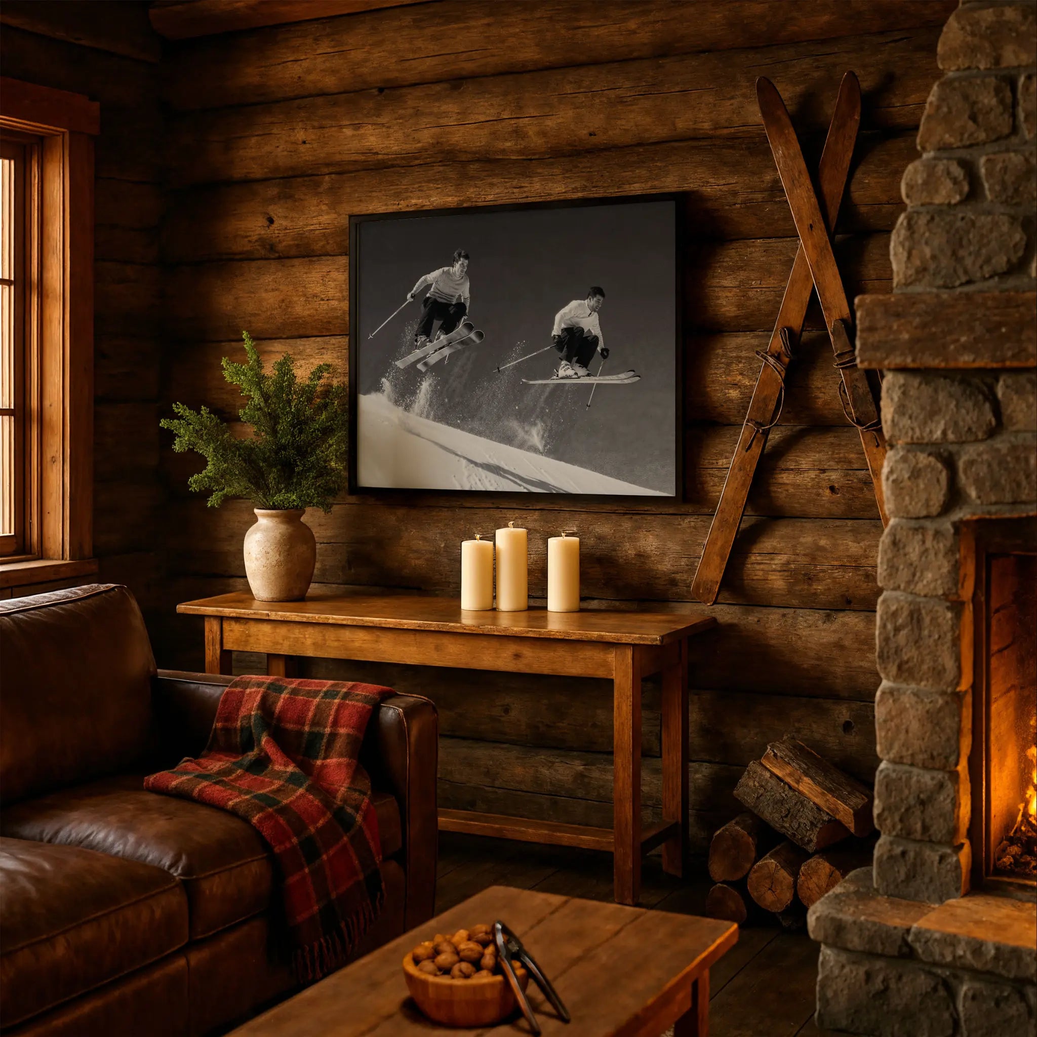 Skiing Photo in Rustic Cabin Setting