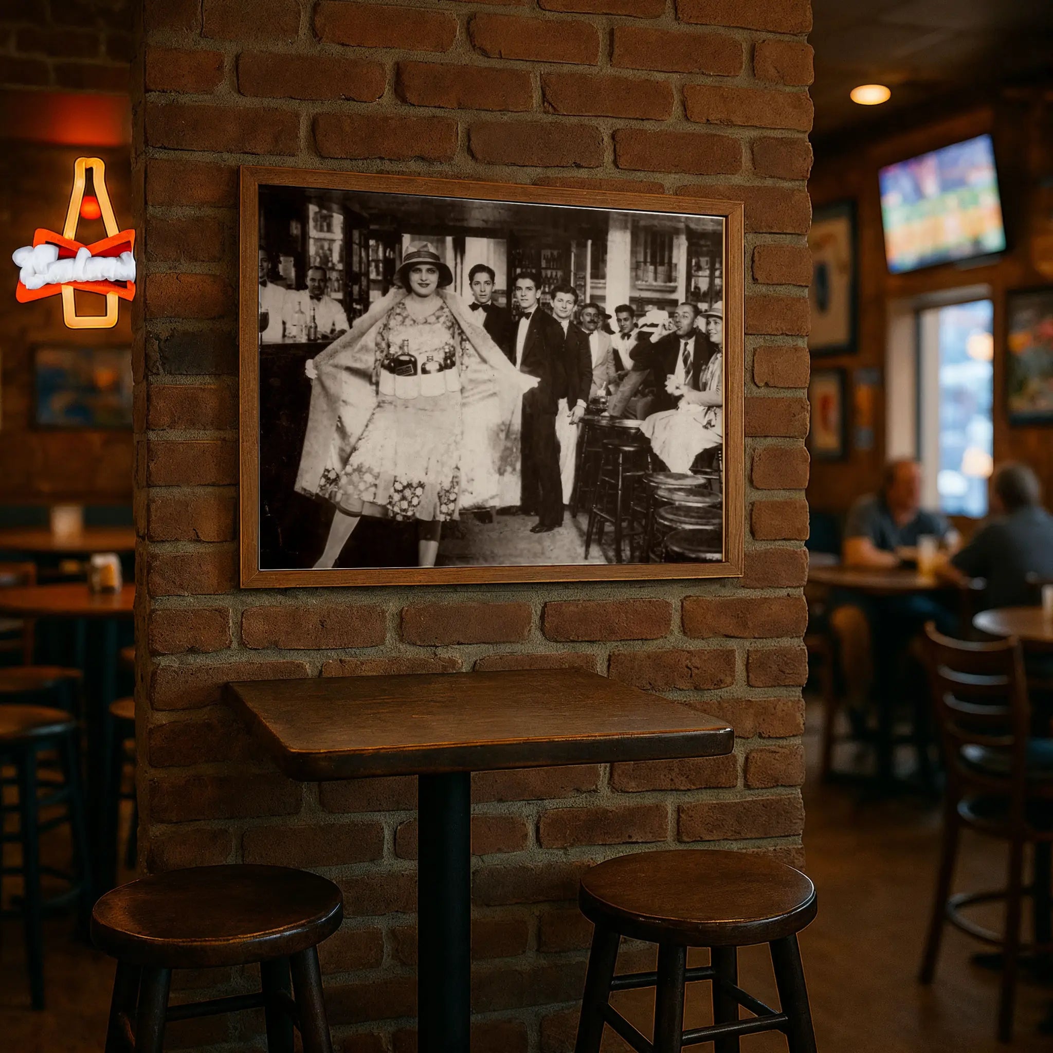 Prohibition speakeasy print in modern pub with high-top tables and brick wall atmosphere