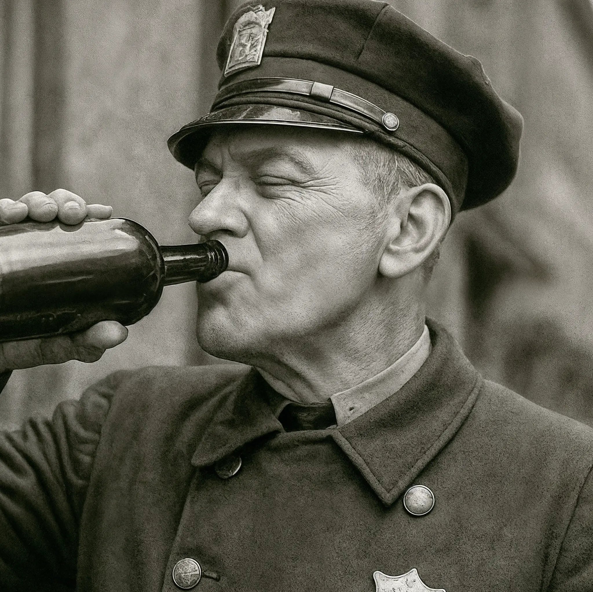 Close-up detail of prohibition police officer showing badge 421 and officer drinking from bottle during enforcement duties