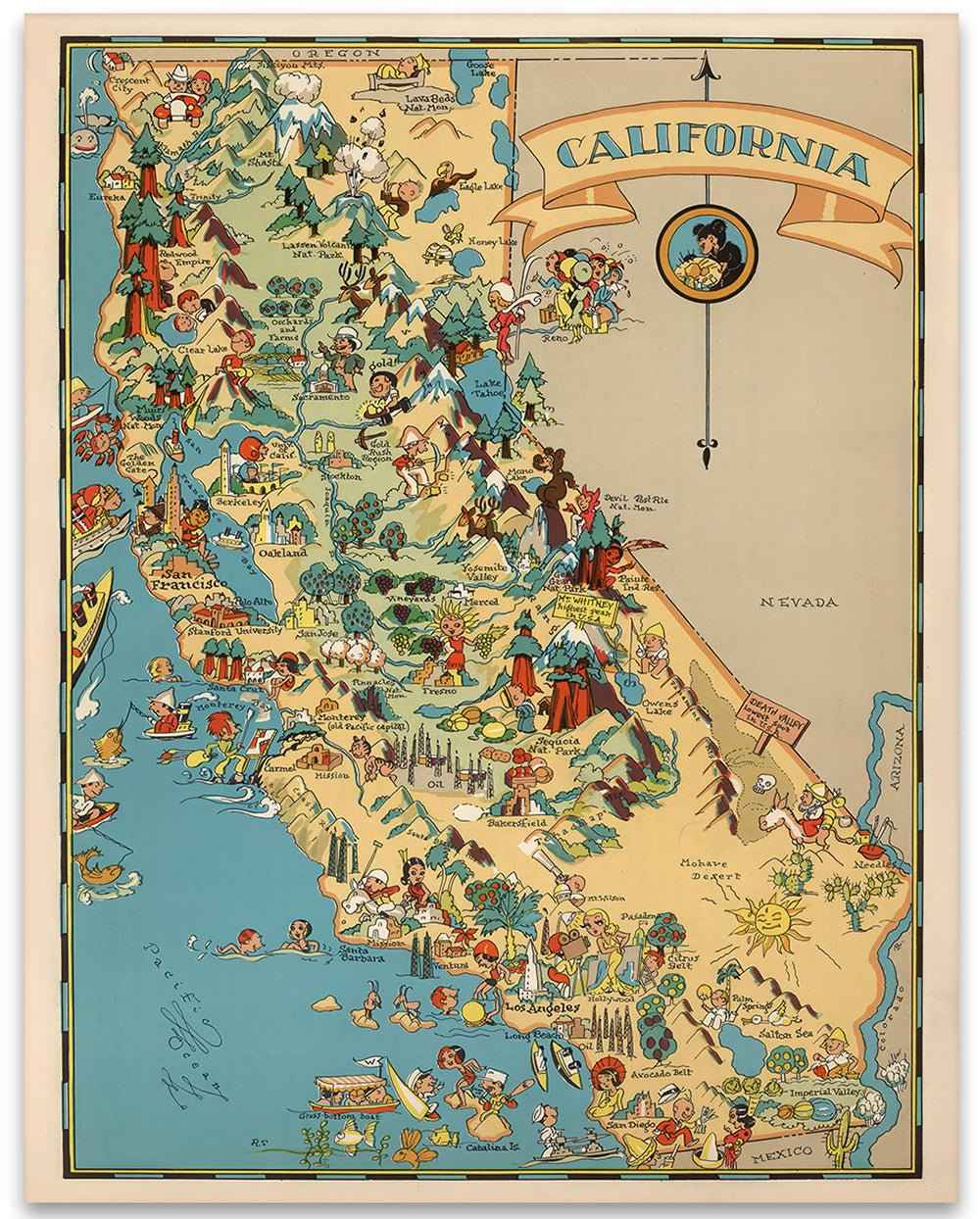 California Map Illustrated — Vintage Landmarks Wall Art