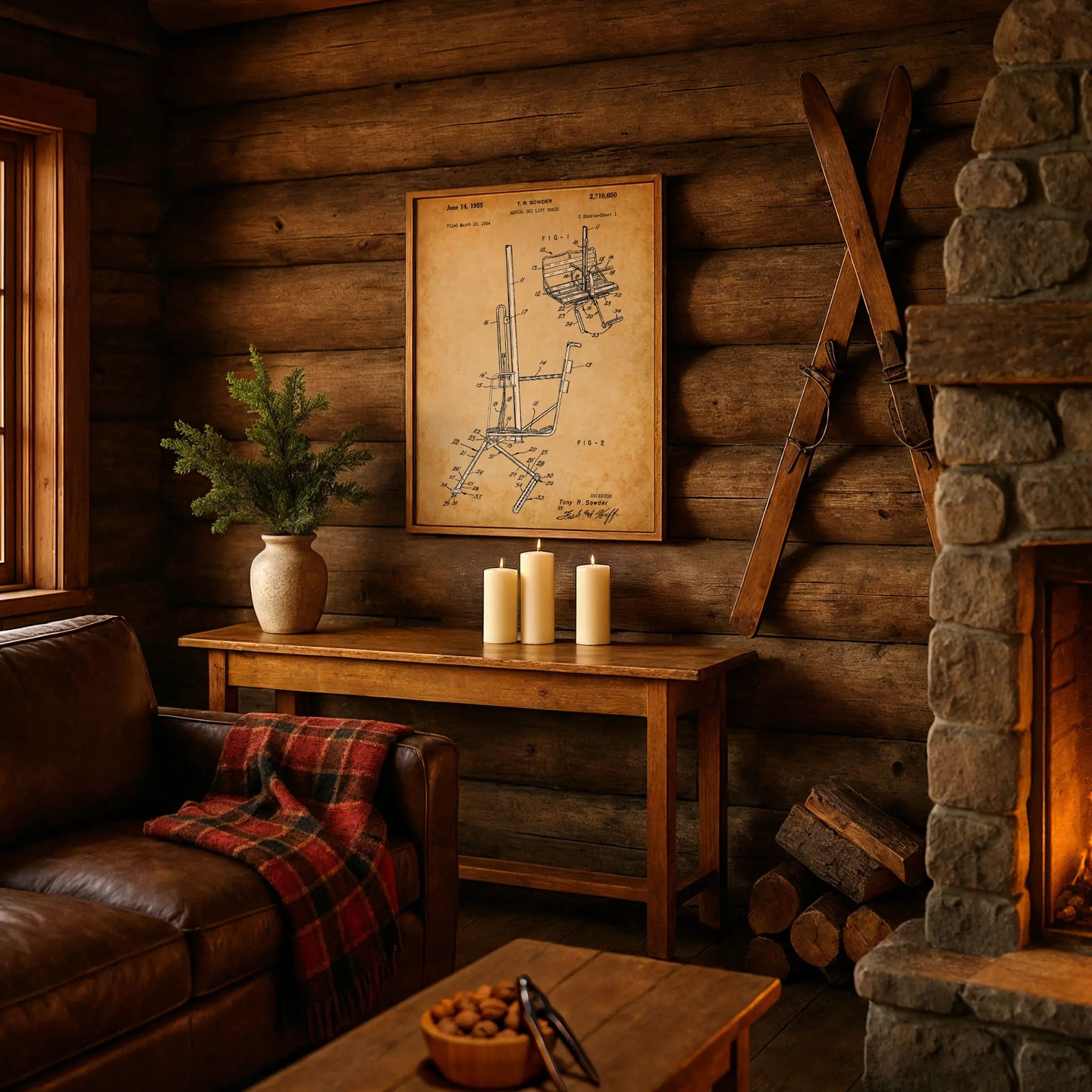 Vintage Ski Lift Patent in Cozy Alpine Retreat