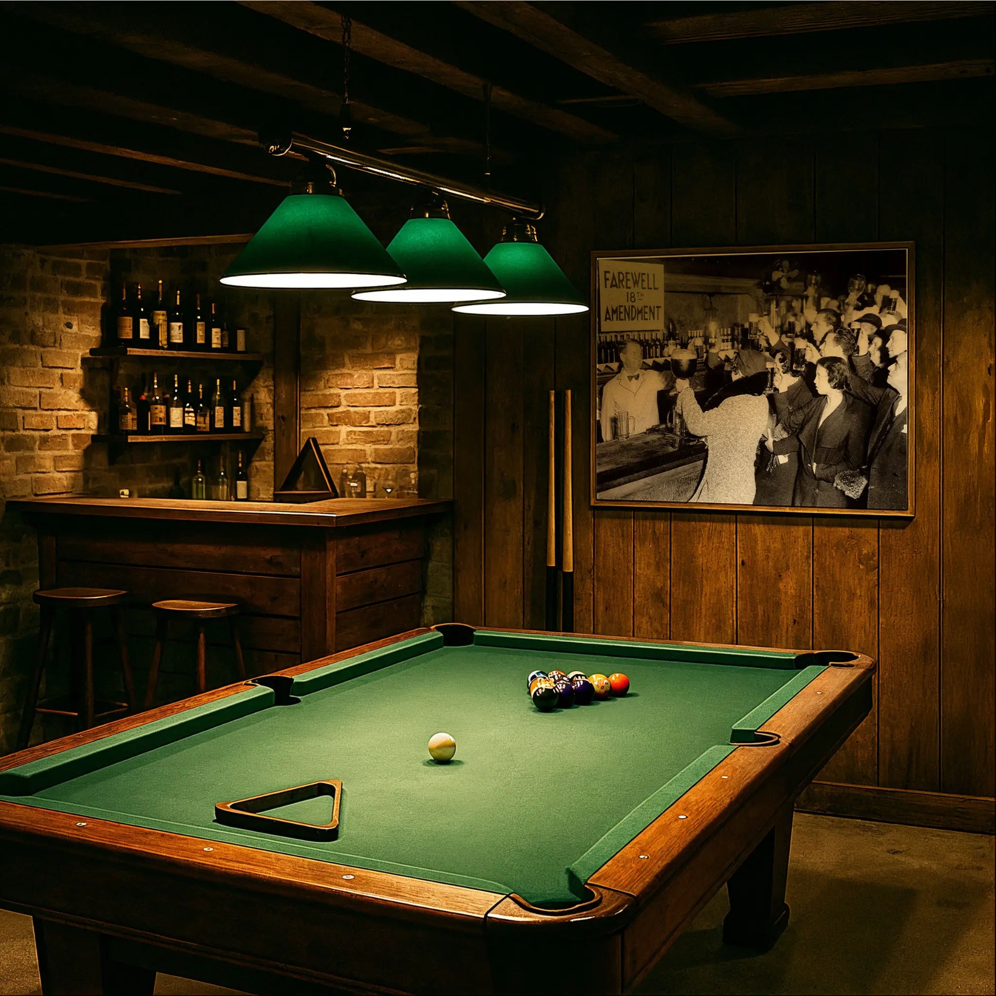 Farewell 18th Amendment photograph in vintage billiards room with green felt table and period lighting