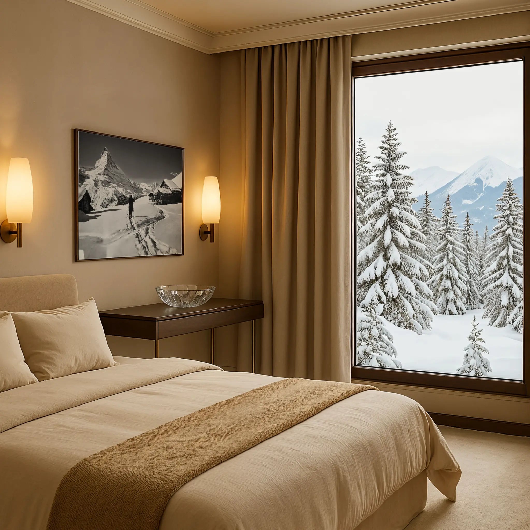 Vintage Matterhorn Skier Photo in Winter Bedroom