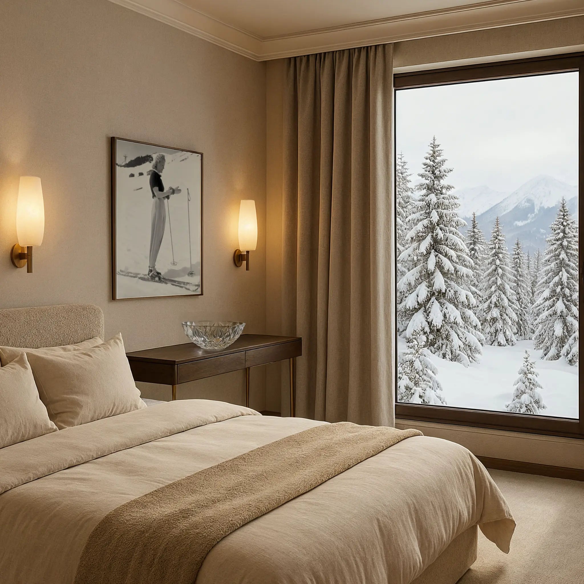 Vintage Elegant Woman Skier Photo in Luxury Suite Bedroom
