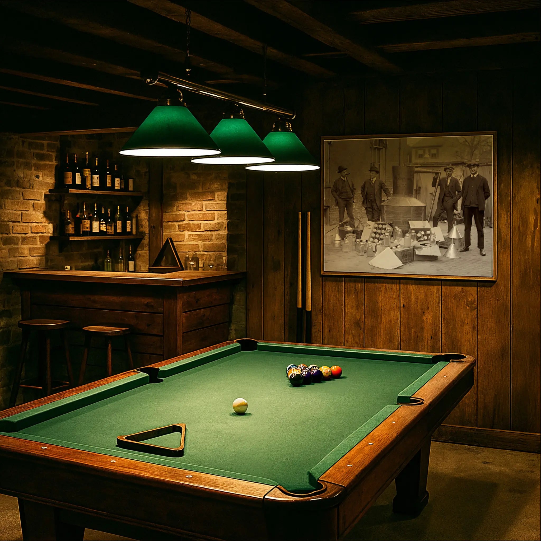 Prohibition still photograph in vintage billiards room with green felt table and period lighting