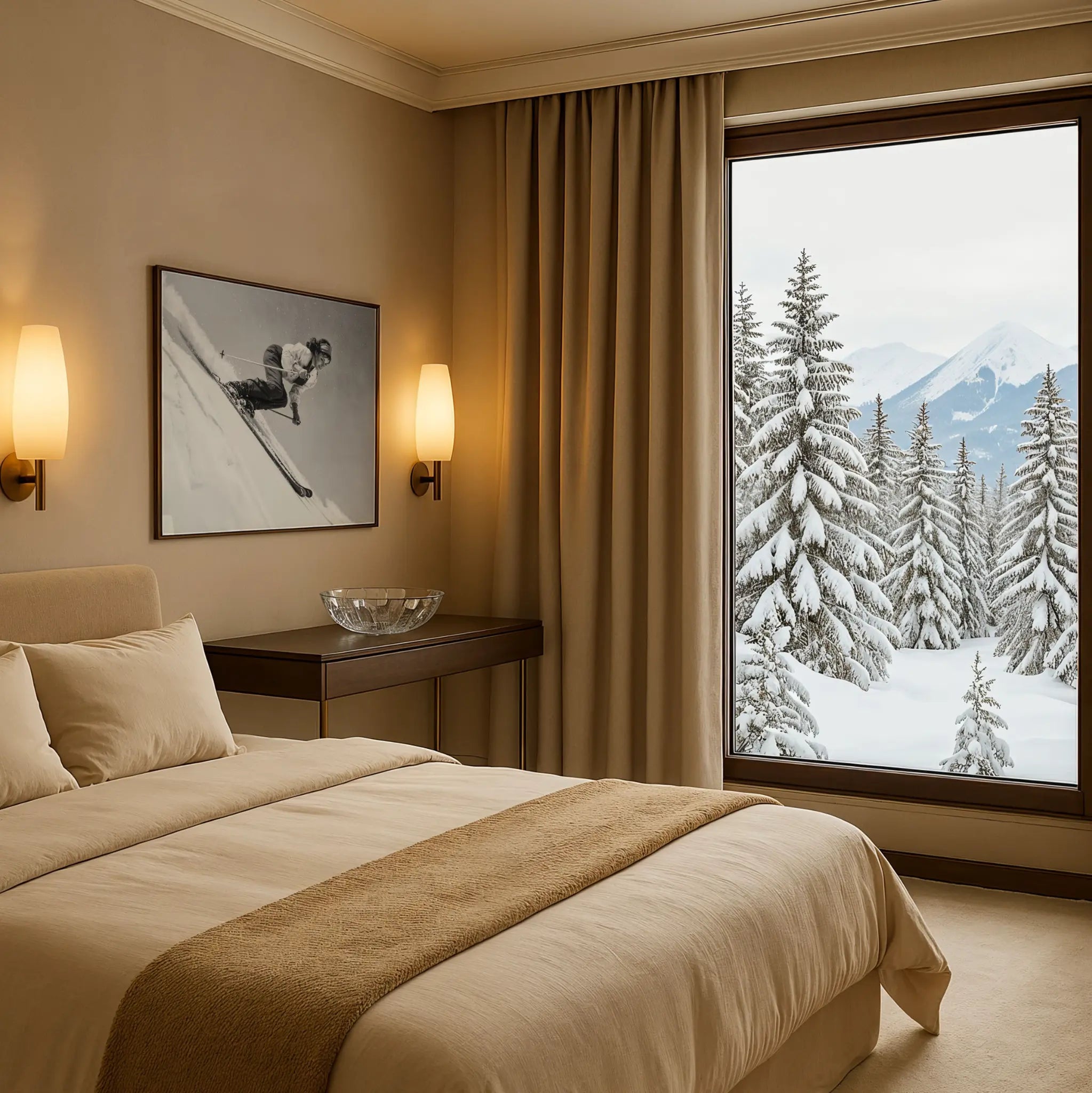 Vintage Dynamic Skier Photo in Winter Bedroom