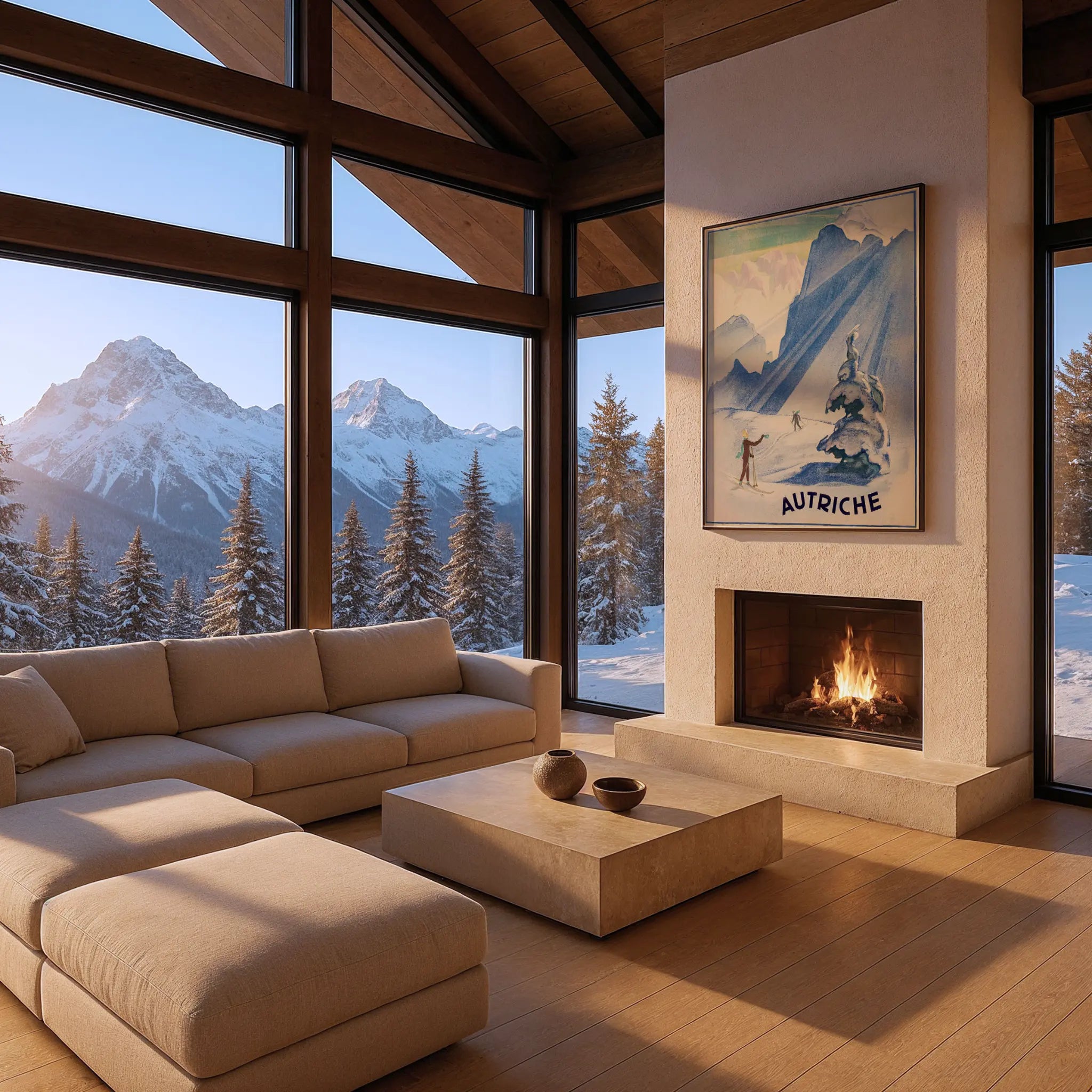 Vintage Austrian Ski Poster in Modern Mountain Chalet