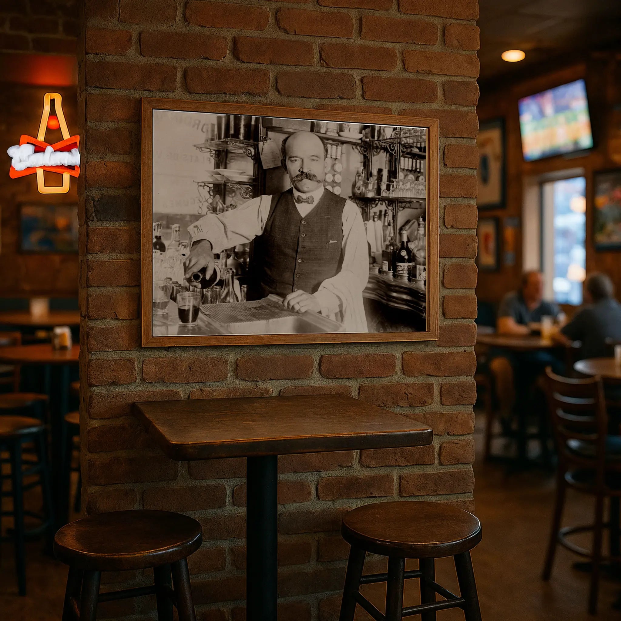 Golden age saloon culture print in modern pub with high-top tables and brick wall atmosphere