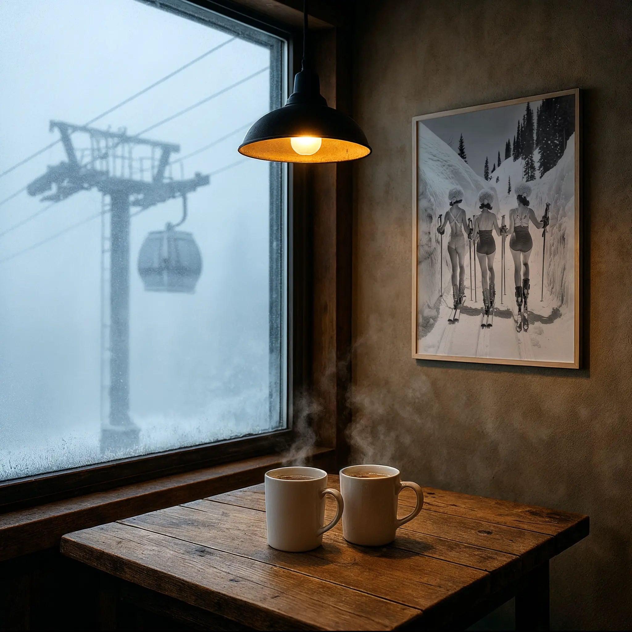 Vintage Ski Women Photo in Foggy Mountain Cafe