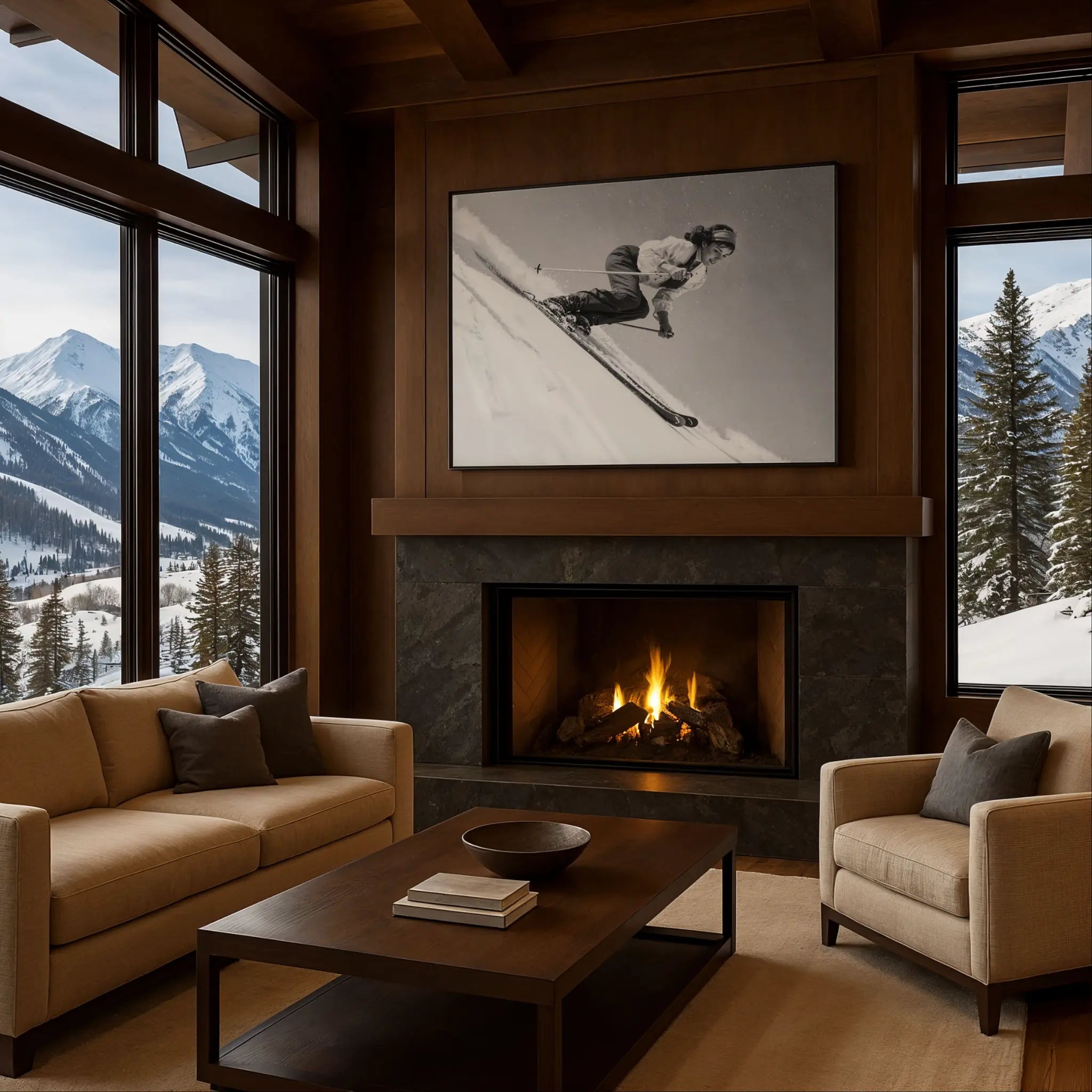 Vintage Dynamic Skier Photo in Cozy Fireplace Setting