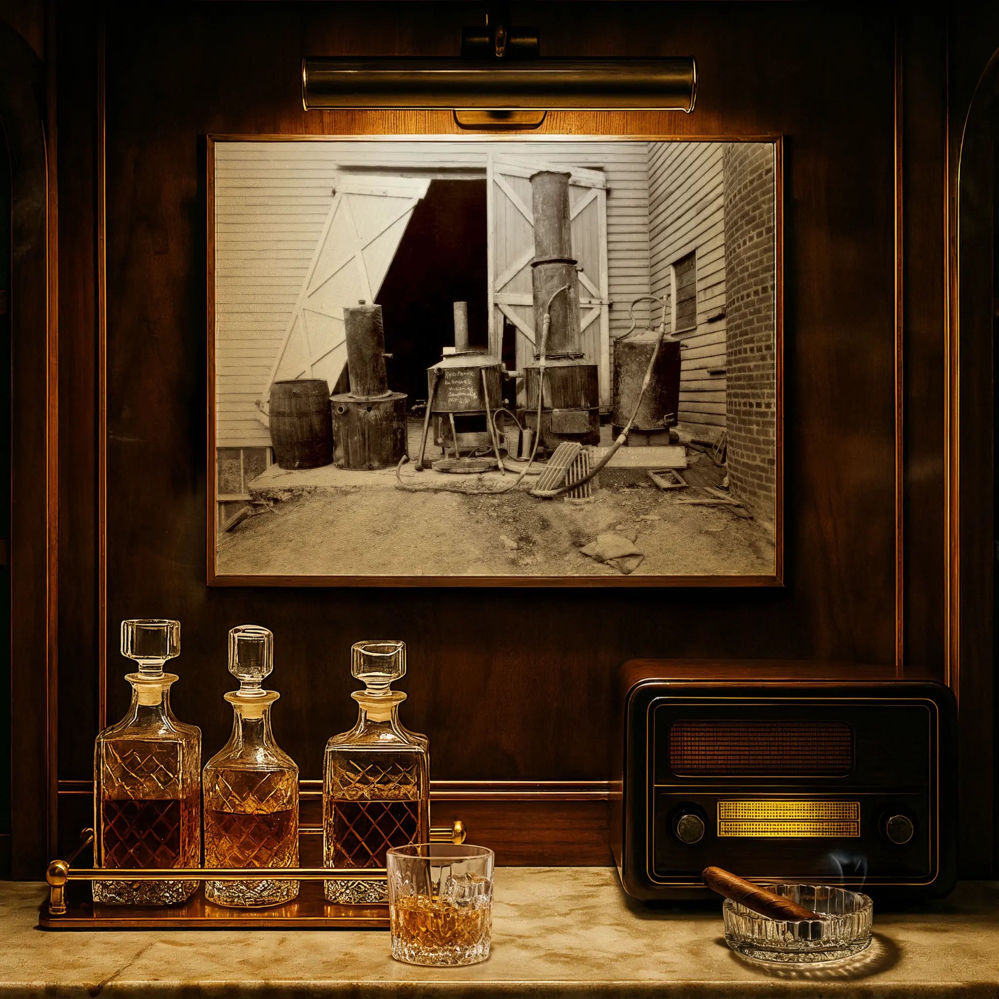 Moonshine still photograph displayed in luxury study with crystal decanters and vintage radio atmosphere