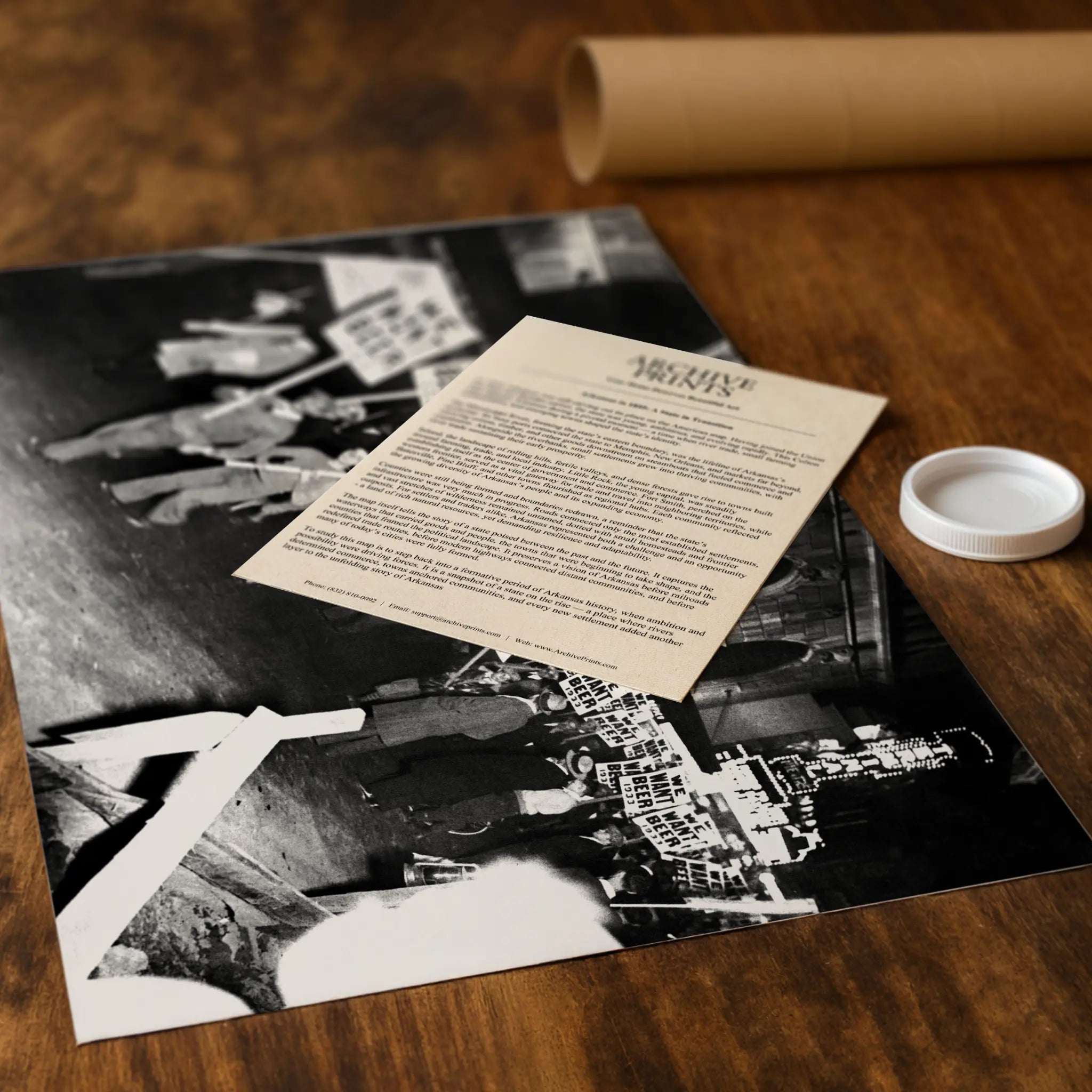 Professional packaging for train station protest photograph with tube and historical documentation materials