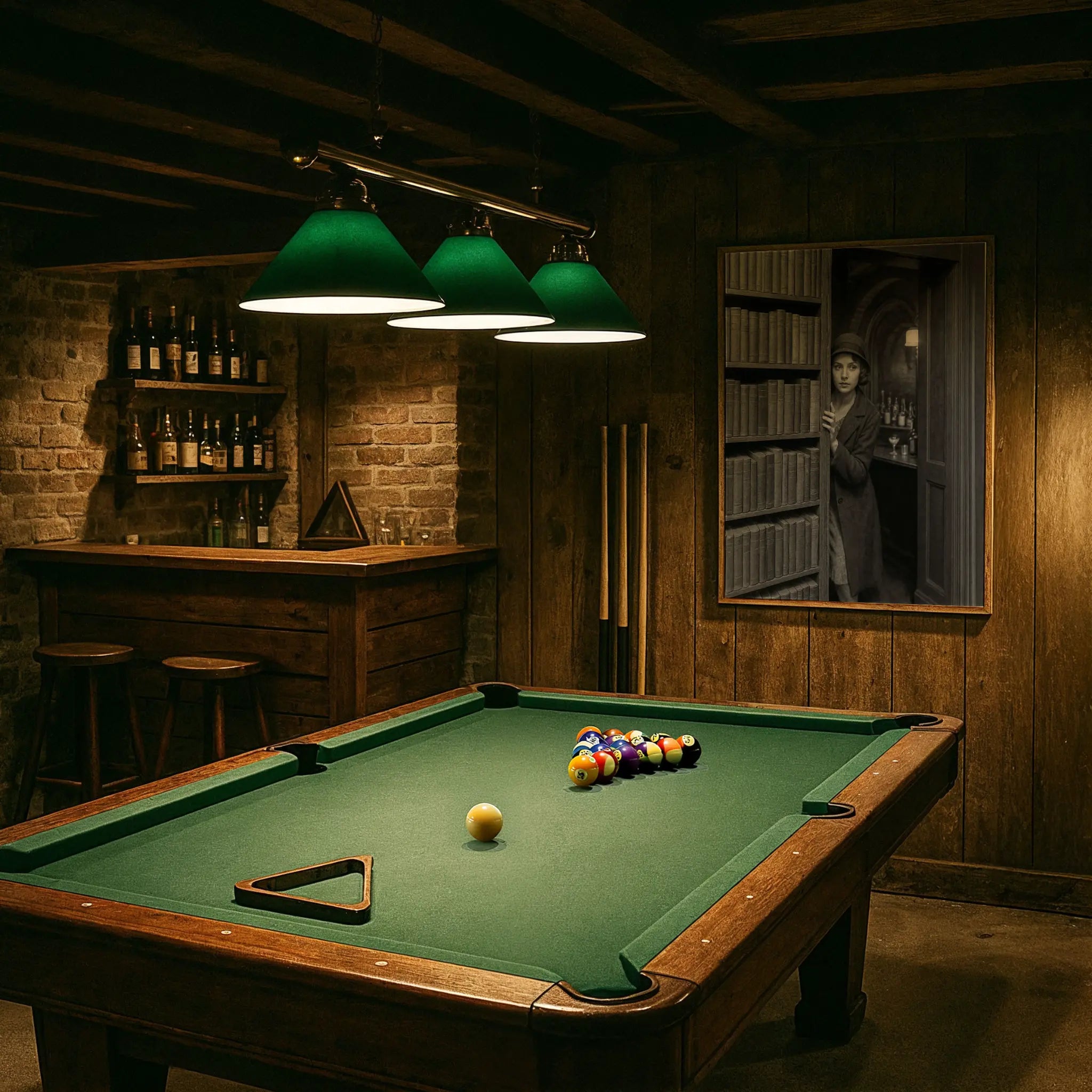 Secret bookshelf entrance photograph in vintage billiards room with green felt table and period lighting