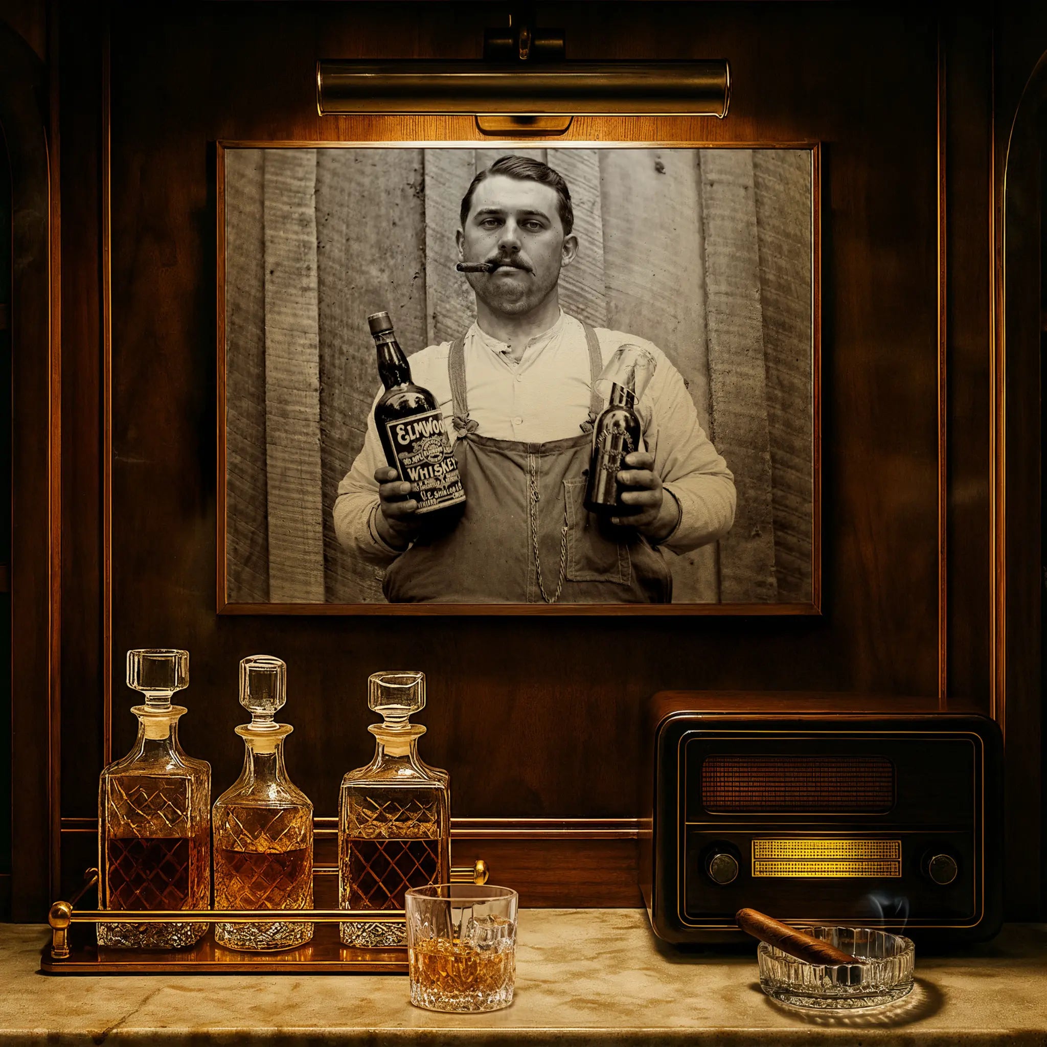 Bootlegger photograph displayed in elegant study with crystal decanters and vintage radio atmosphere