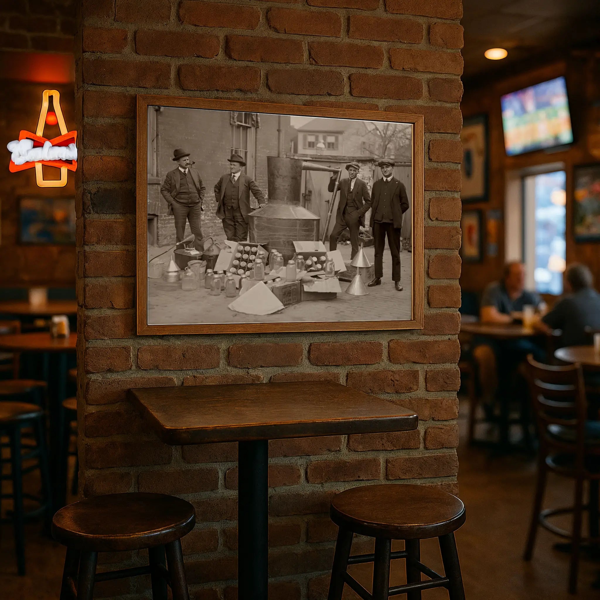 Moonshine enforcement print in modern pub with high-top tables and brick wall atmosphere