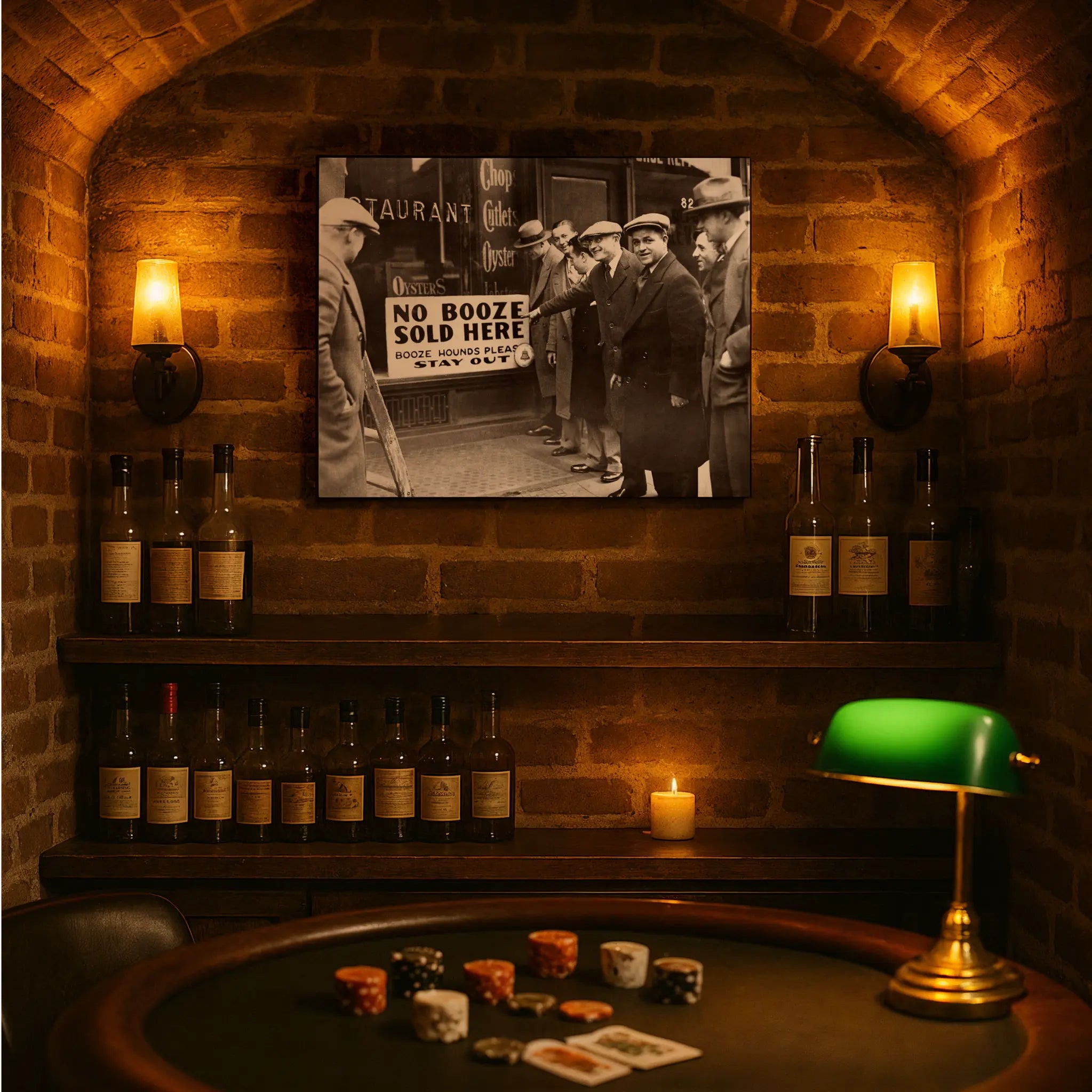 Classic restaurant compliance sign print in underground casino setting with poker chips and vintage gambling atmosphere