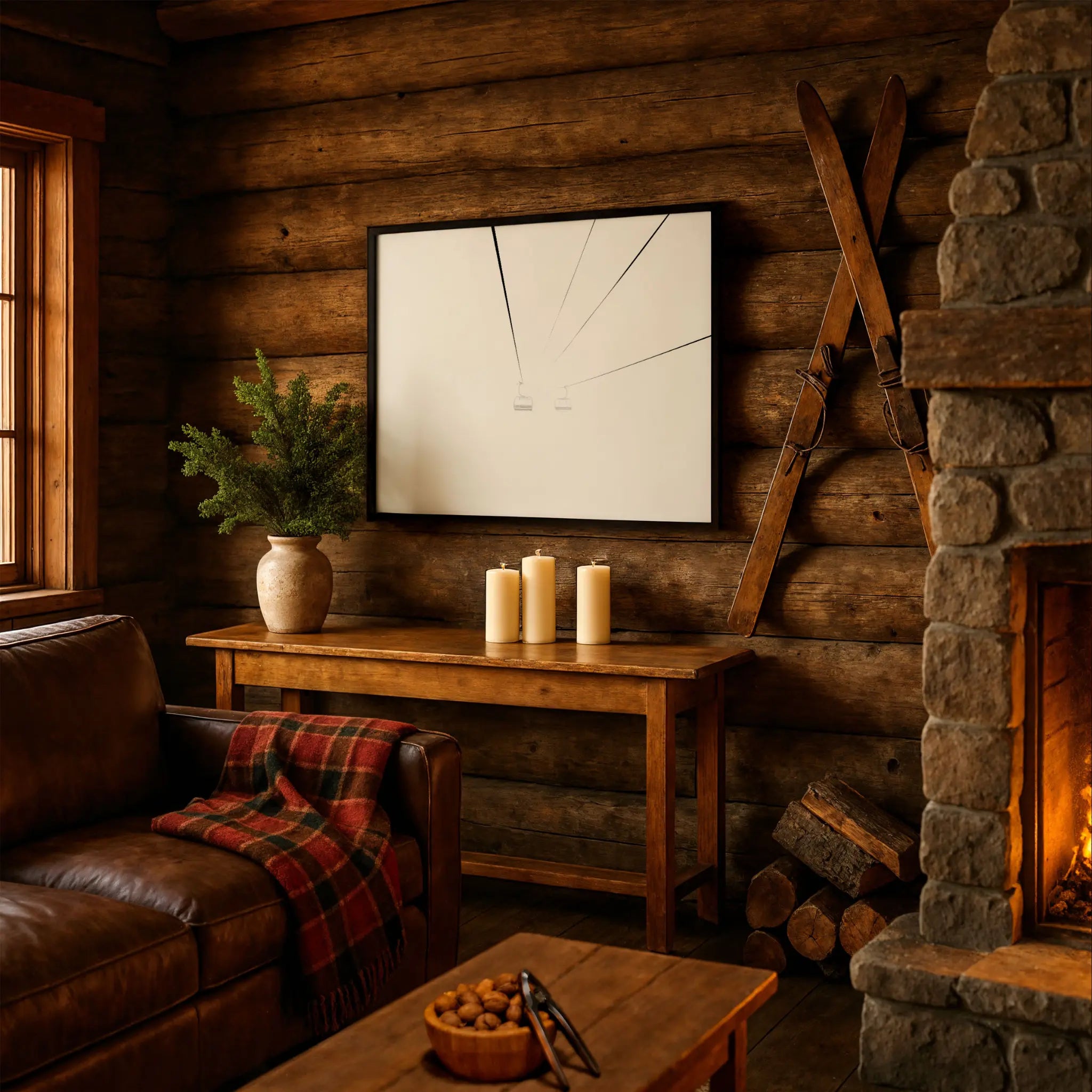 Minimalist Ski Lift Photo in Cabin Couch Setting