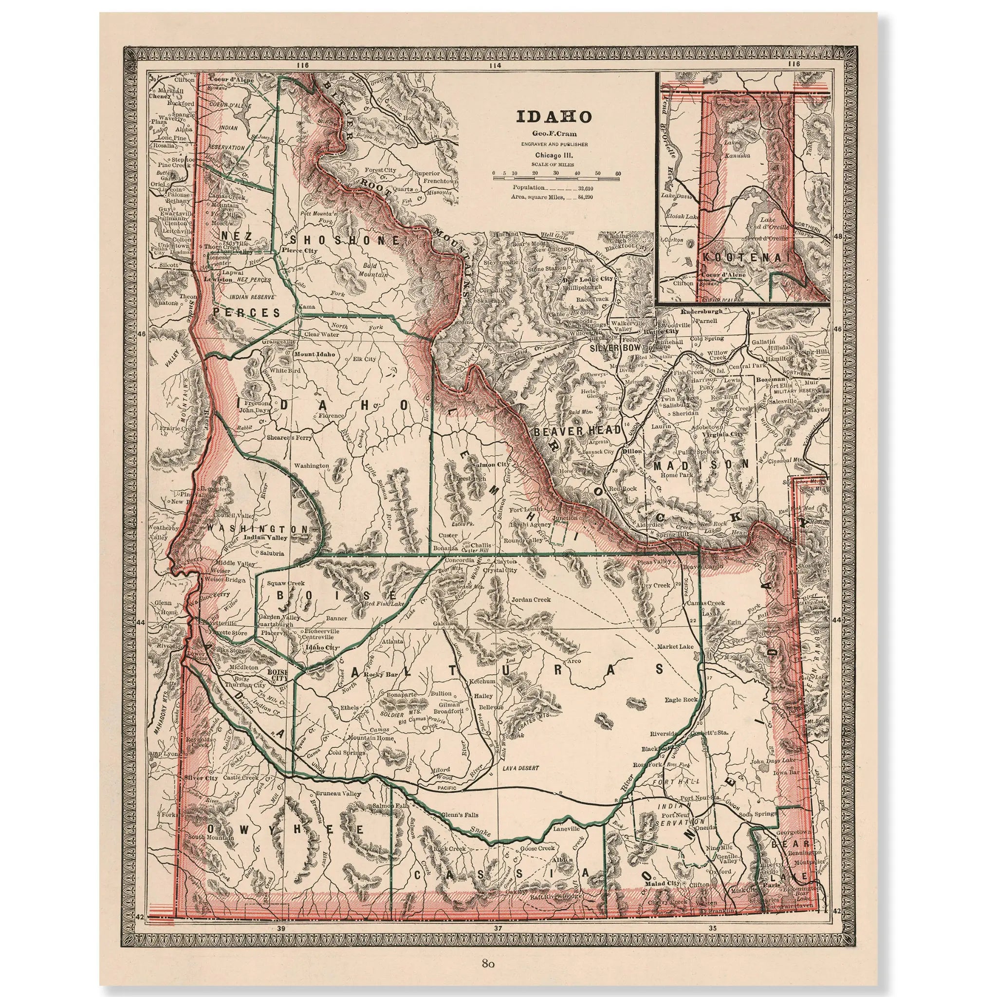 Idaho Map - Vintage 1883 Cram Historical Territory Map - Main Image