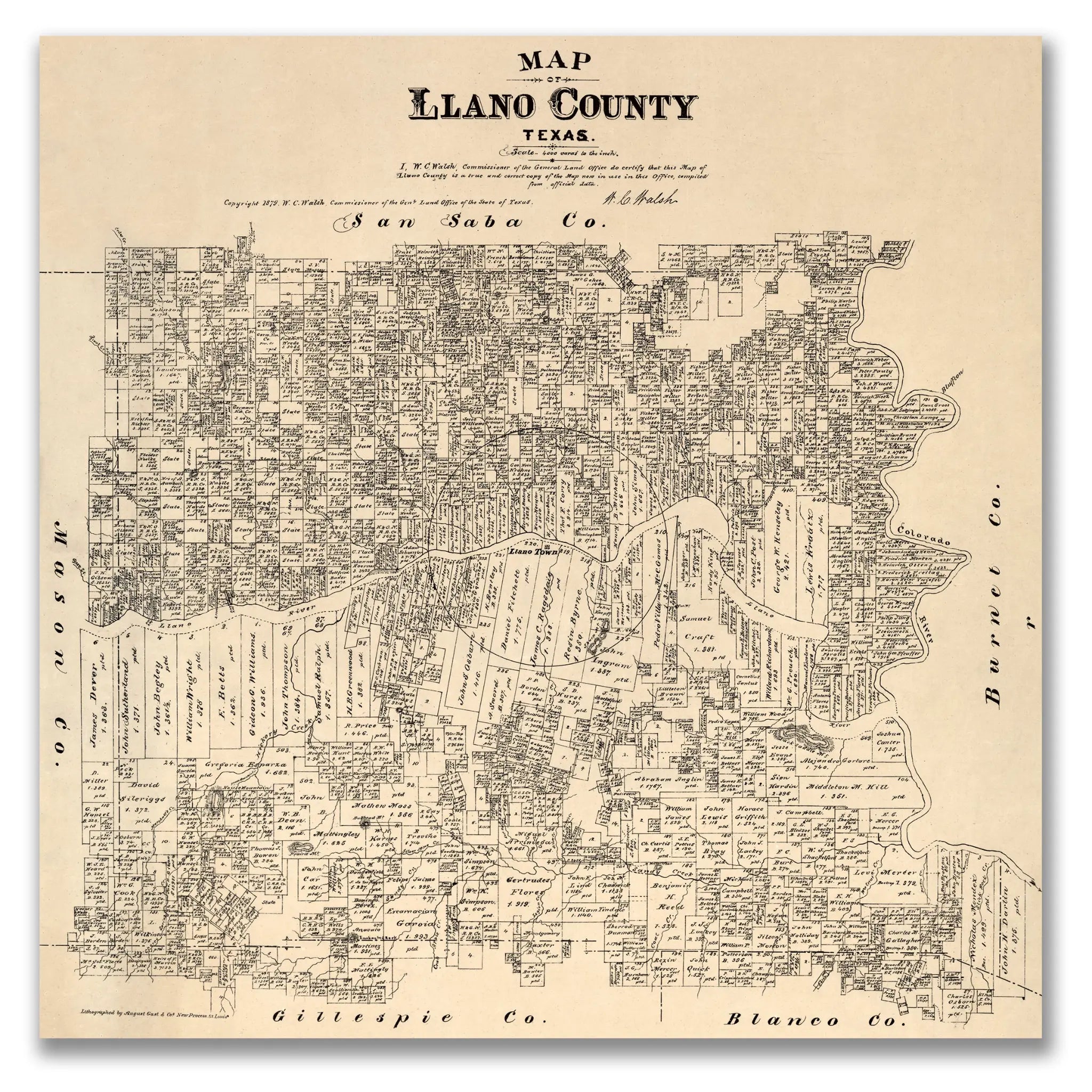 Llano County Map - Vintage 1879 Texas General Land Office Map