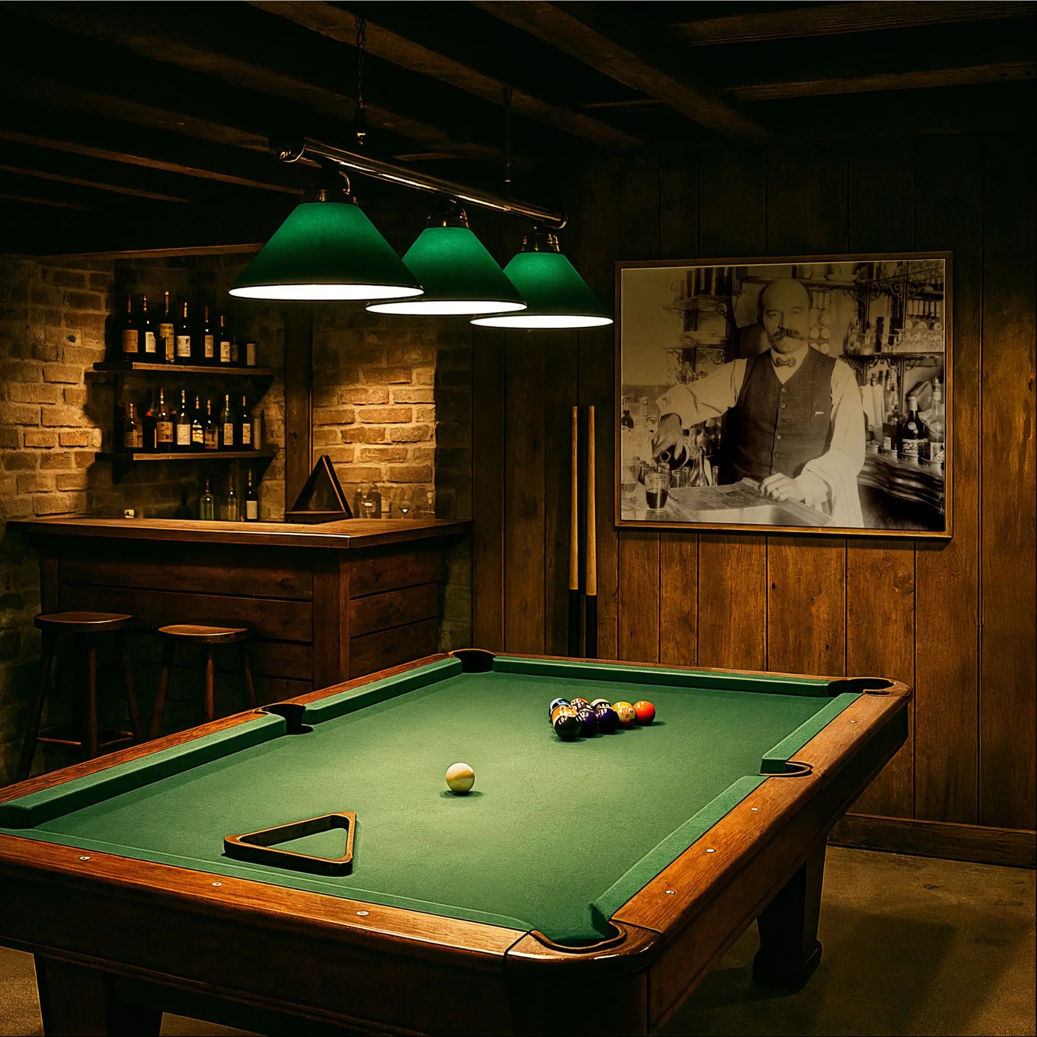 Classic prohibition bartender photograph in vintage billiards room with green felt table and period lighting