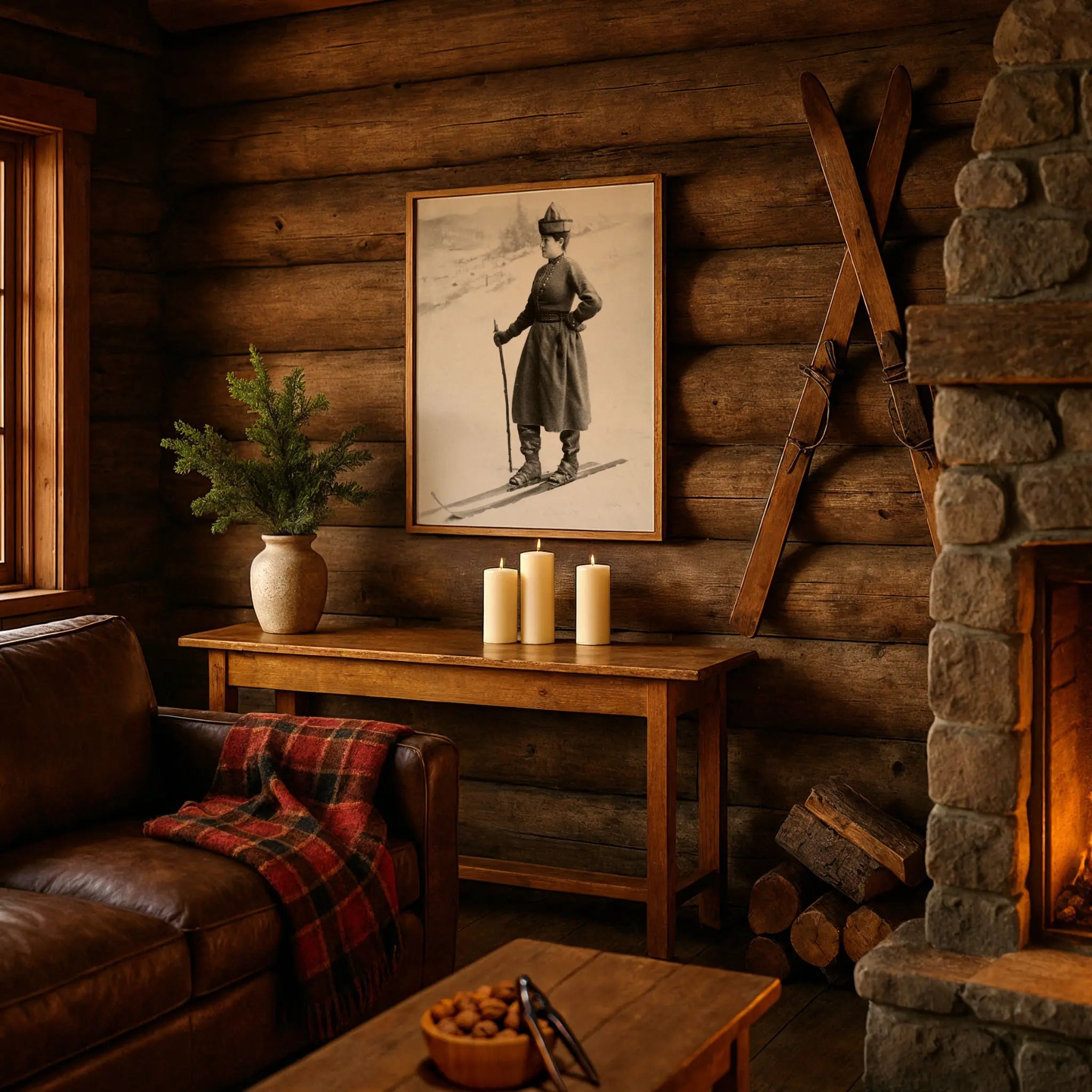 Vintage Military Skier Photo in Cozy Alpine Retreat