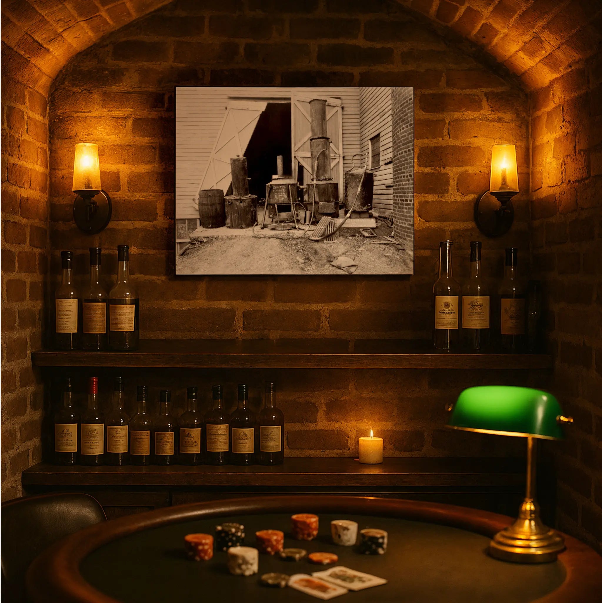 Historic distillery raid print in underground casino setting with poker chips and vintage gambling atmosphere